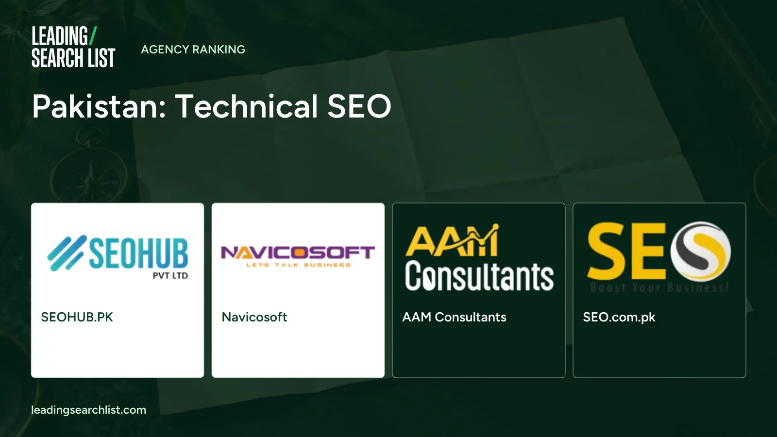 Pakistan: Technical SEO. Logos shown: SEOHUB.PK, Navicosoft, AAM Consultants, SEO.com.pk. Leading Search List.