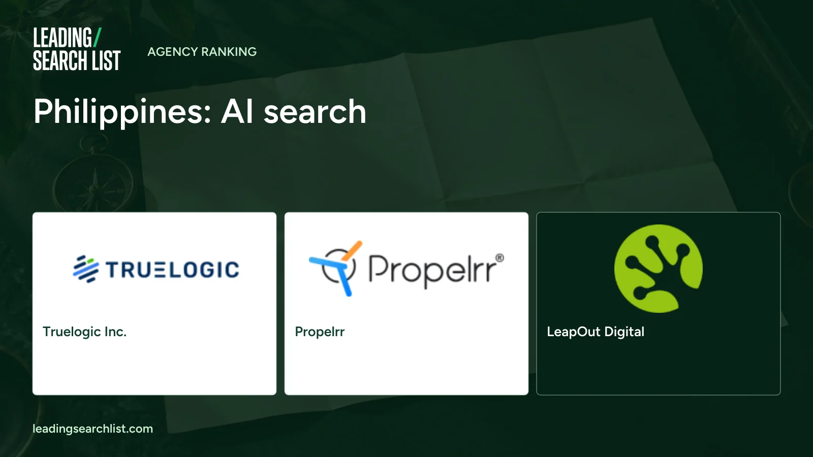 Philippines: AI search. Logos shown: Truelogic Inc., Propelrr, LeapOut Digital. Leading Search List.