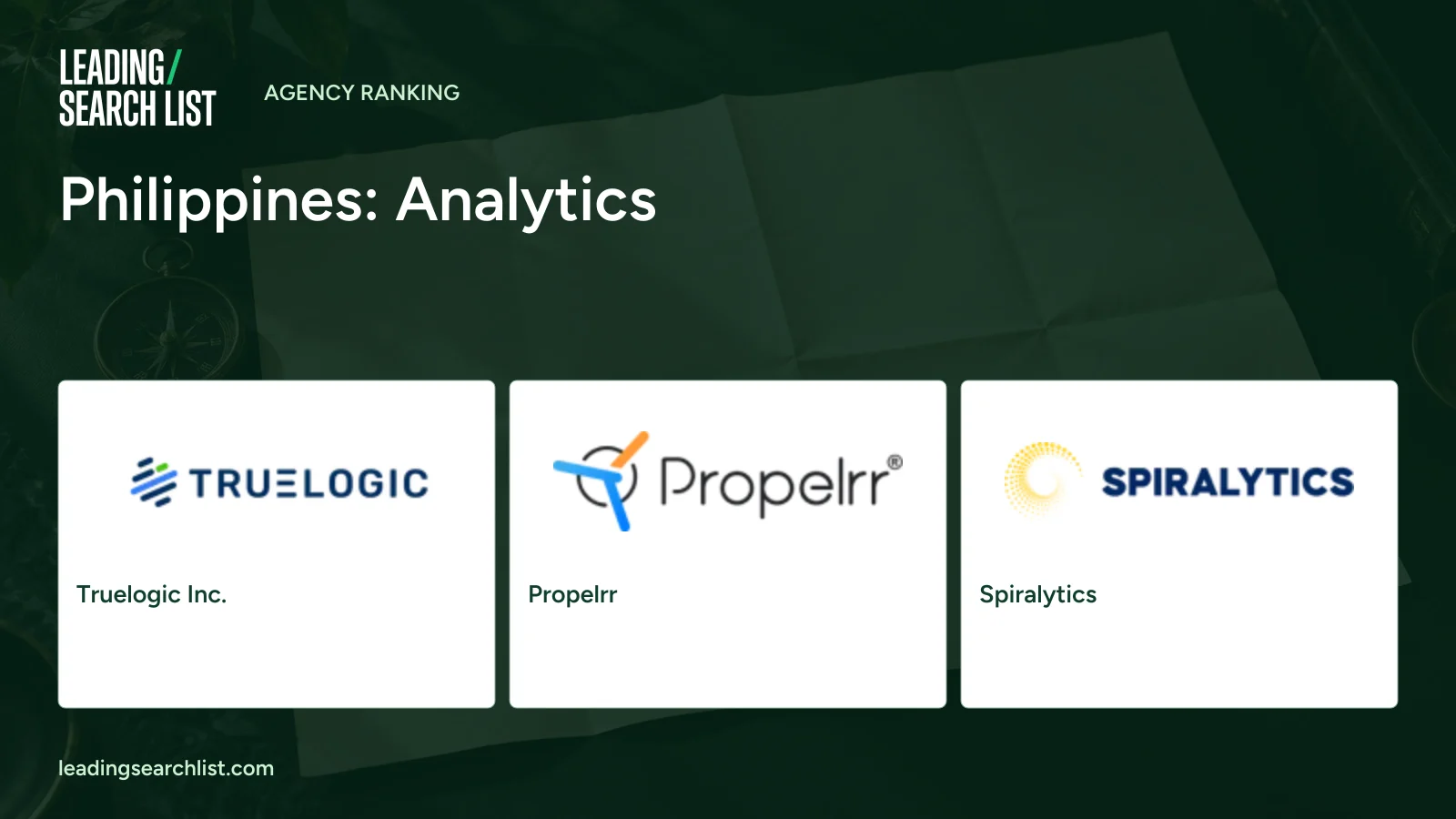 Philippines: Analytics. Logos shown: Truelogic Inc., Propelrr, Spiralytics. Leading Search List.