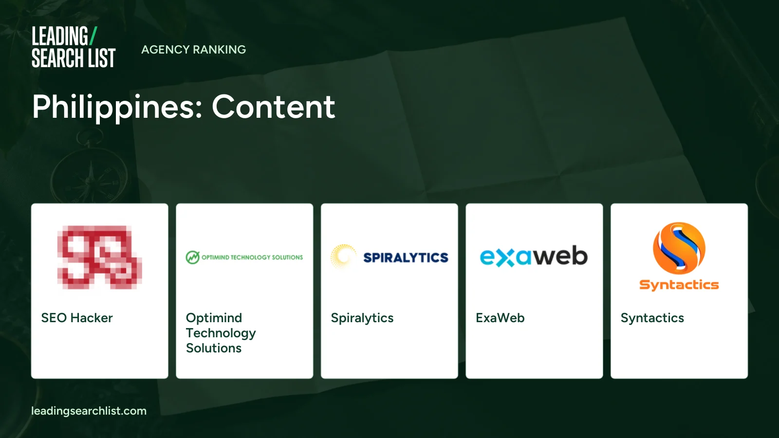 Philippines: Content. Logos shown: SEO Hacker, Optimind Technology Solutions, Spiralytics, ExaWeb, Syntactics. Leading Search List.