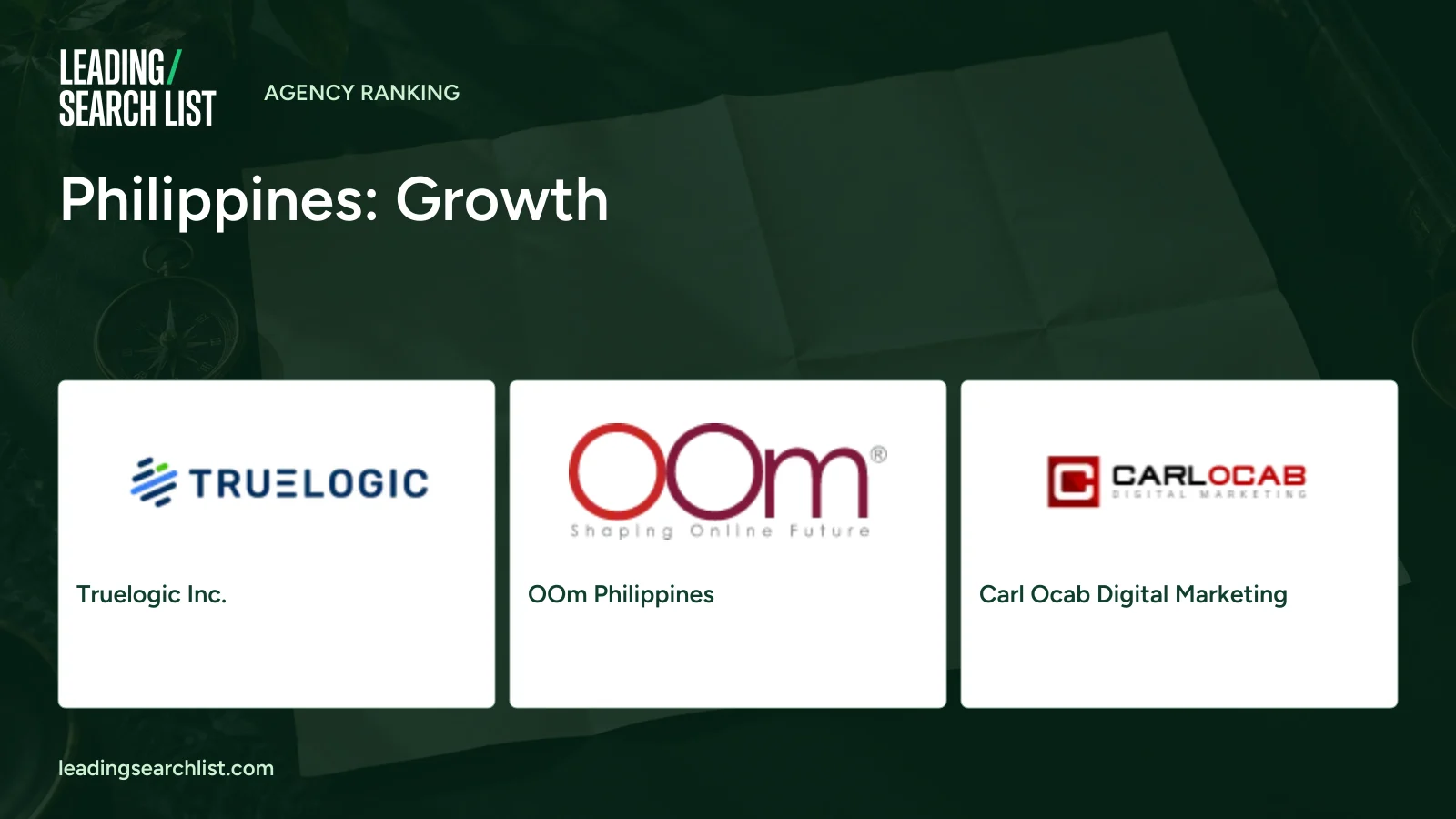 Philippines: Growth. Logos shown: Truelogic Inc., OOm Philippines, Carl Ocab Digital Marketing. Leading Search List.