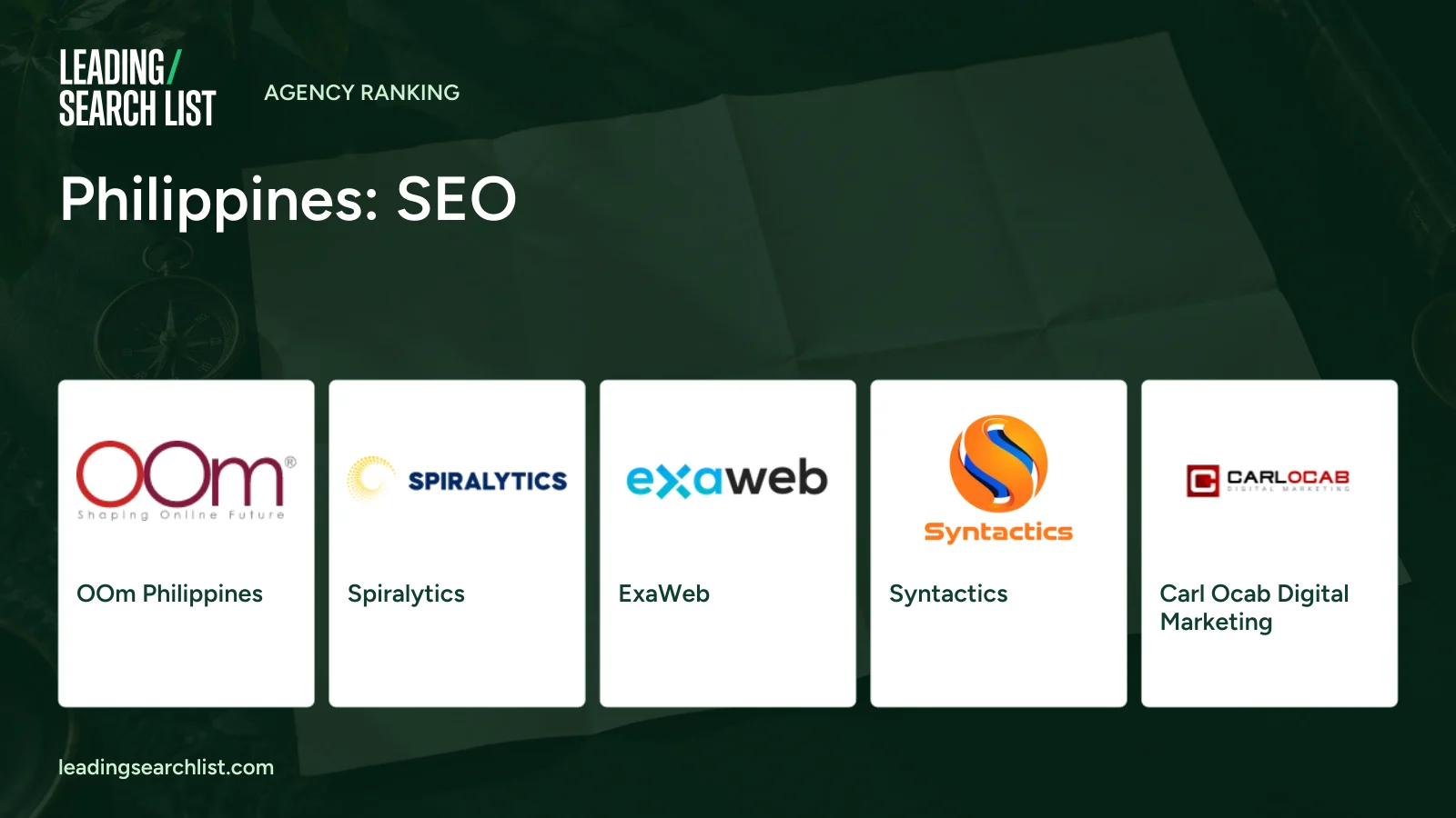 Philippines: SEO. Logos shown: OOm Philippines, Spiralytics, ExaWeb, Syntactics, Carl Ocab Digital Marketing. Leading Search List.
