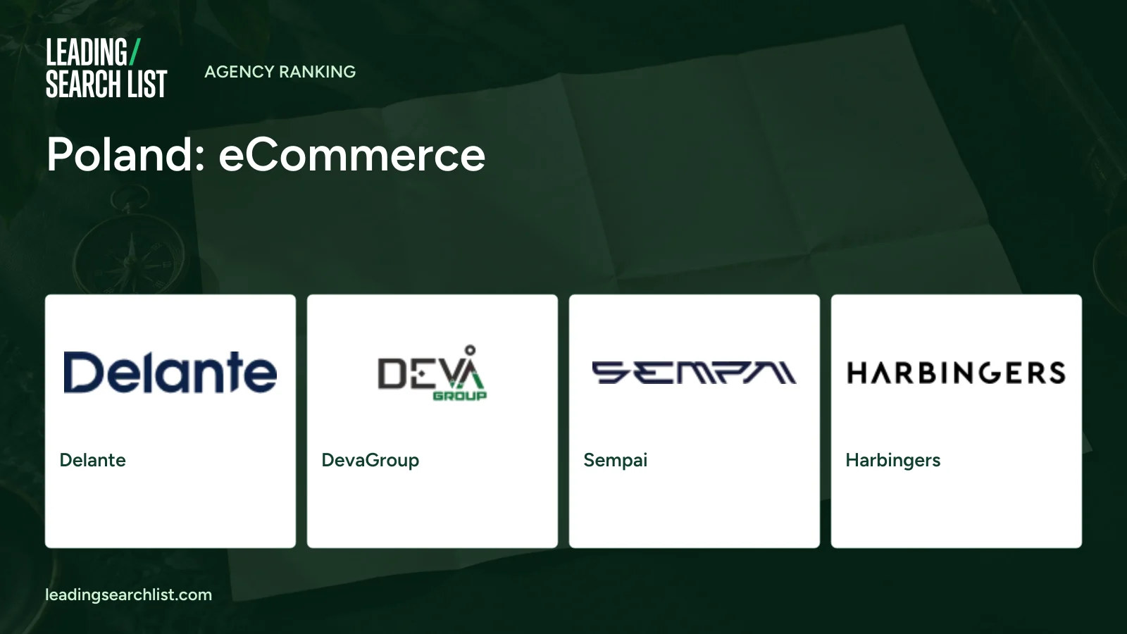 Poland: eCommerce. Logos shown: Delante, DevaGroup, Sempai, Harbingers. Leading Search List.