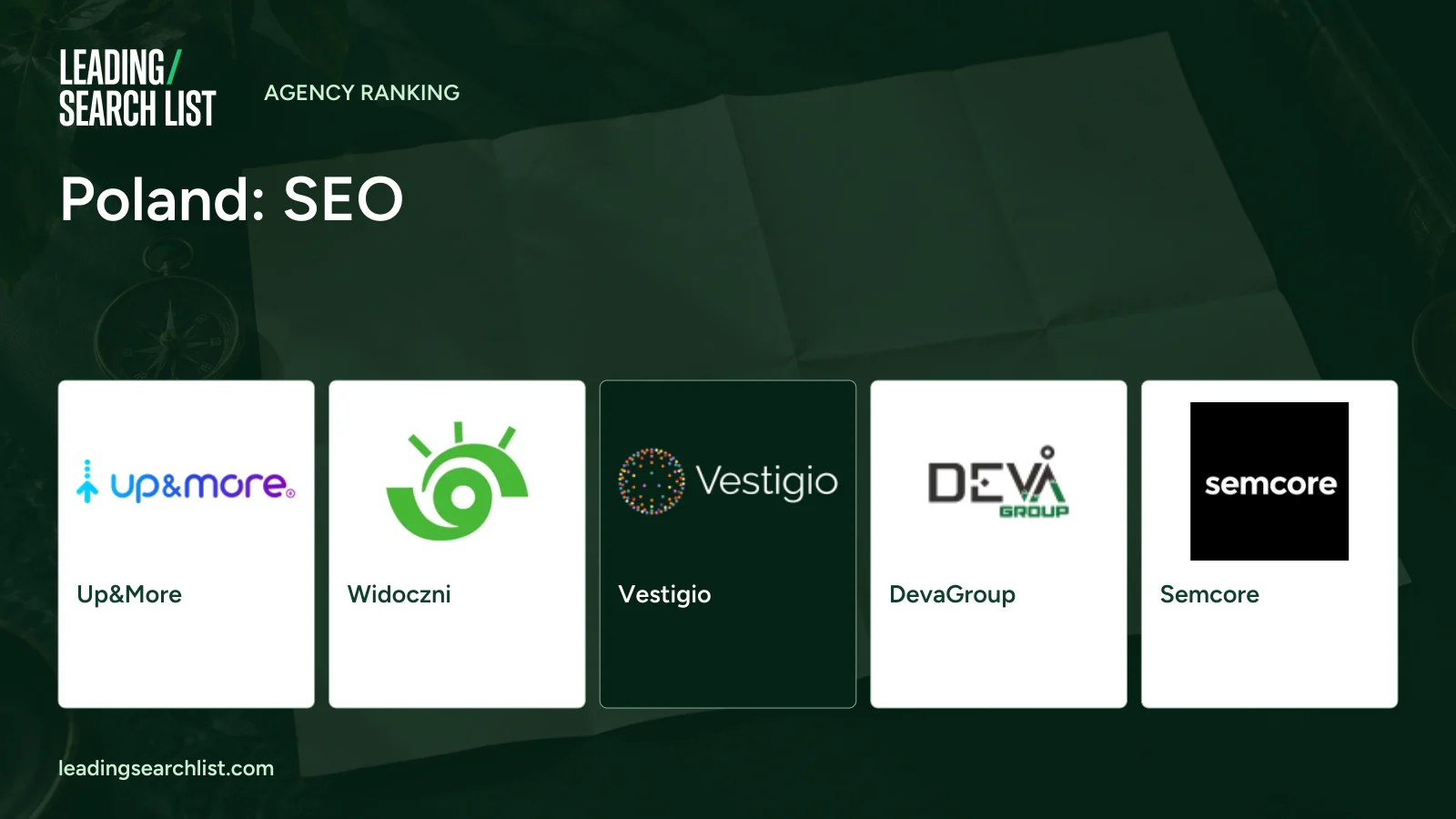 Poland: SEO. Logos shown: Up&More, Widoczni, Vestigio, DevaGroup, Semcore. Leading Search List.