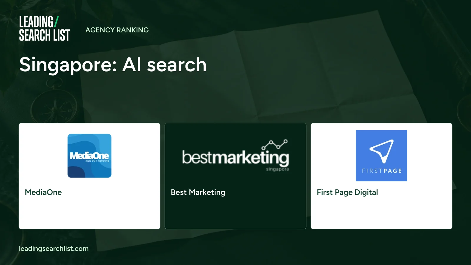 Singapore: AI search. Logos shown: MediaOne, Best Marketing, First Page Digital. Leading Search List.