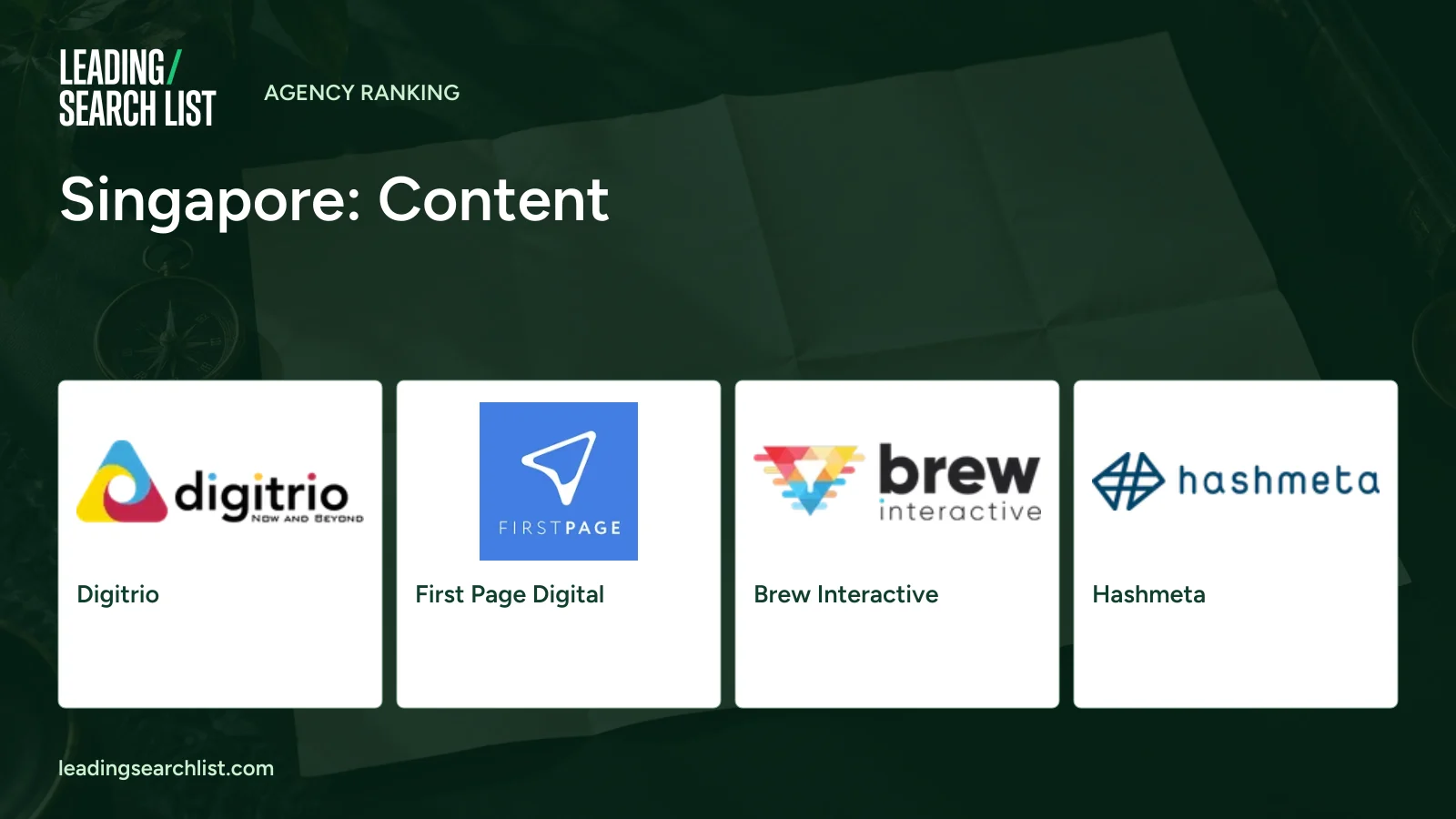 Singapore: Content. Logos shown: Digitrio, First Page Digital, Brew Interactive, Hashmeta. Leading Search List.