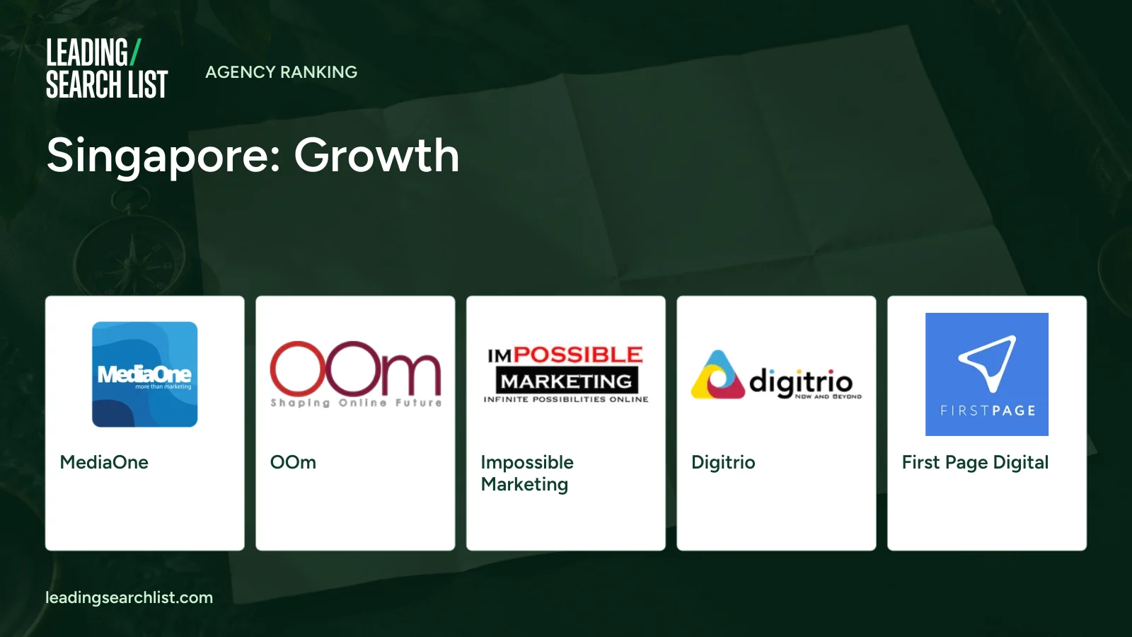Singapore: Growth. Logos shown: MediaOne, OOm, Impossible Marketing, Digitrio, First Page Digital. Leading Search List.