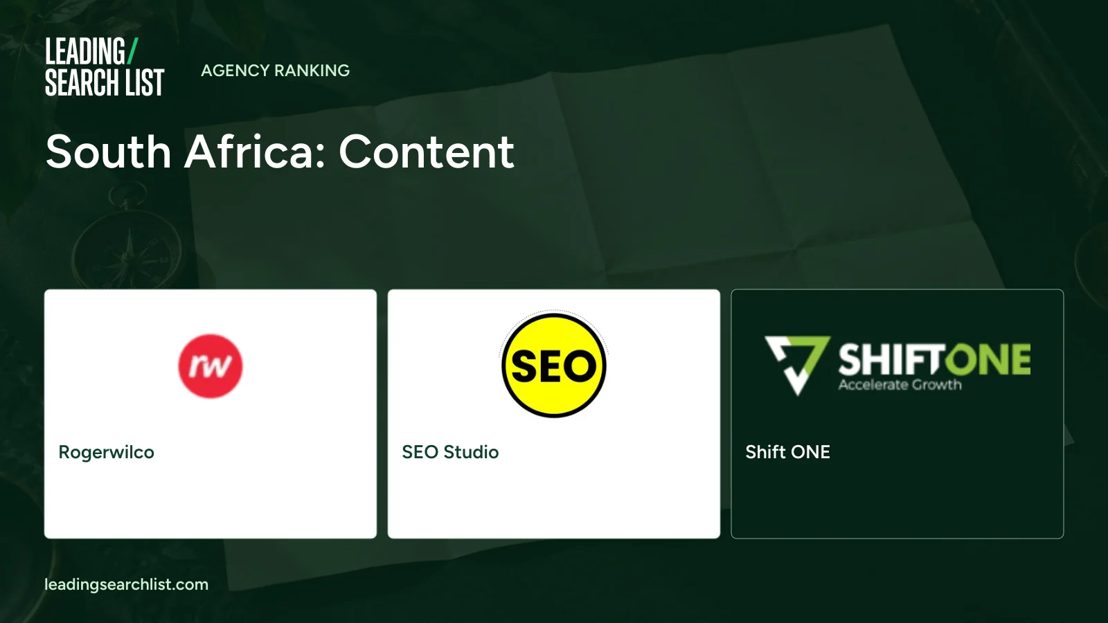South Africa: Content. Logos shown: Rogerwilco, SEO Studio, Shift ONE. Leading Search List.
