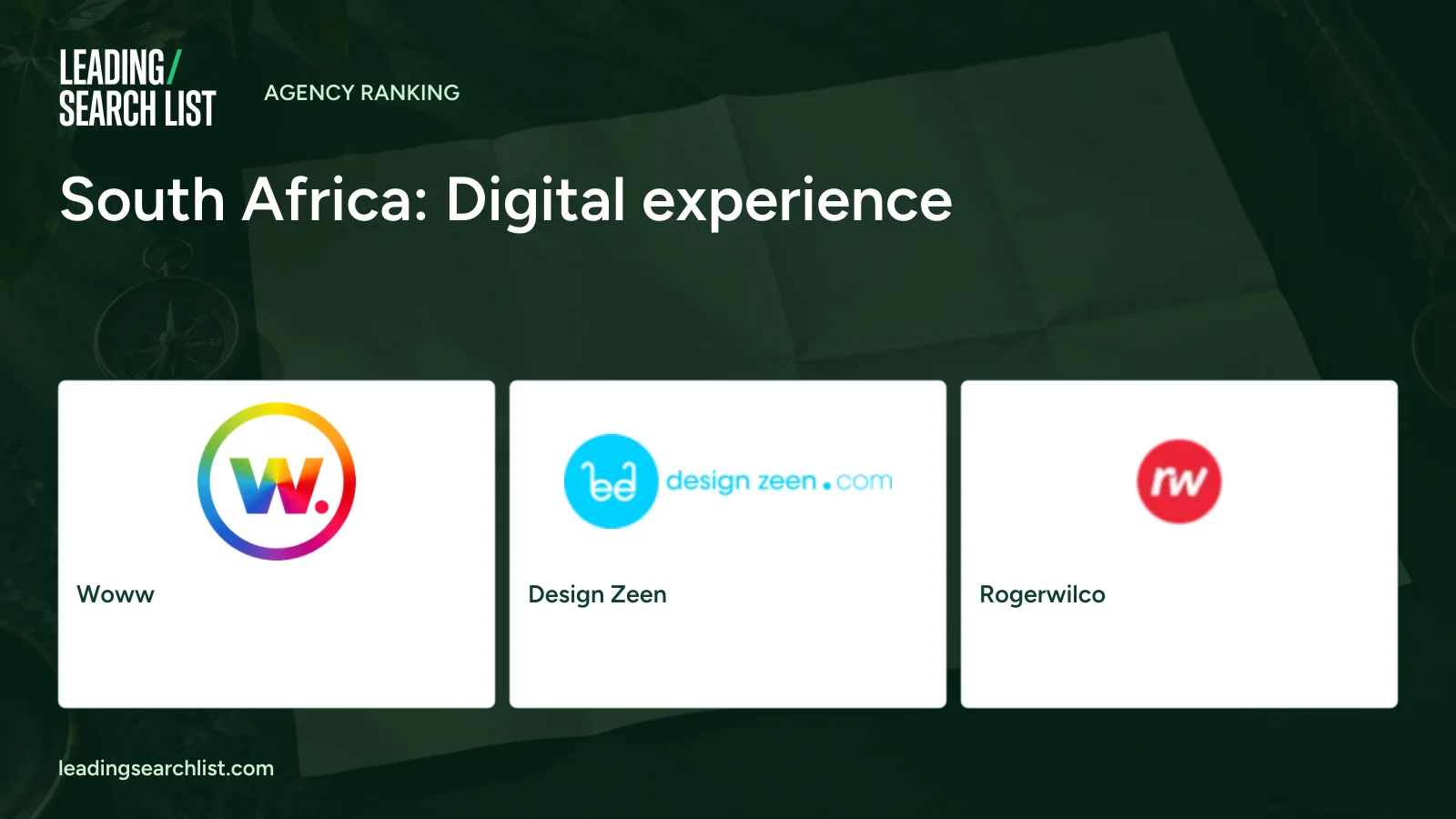 South Africa: Digital experience. Logos shown: Woww, Design Zeen, Rogerwilco. Leading Search List.