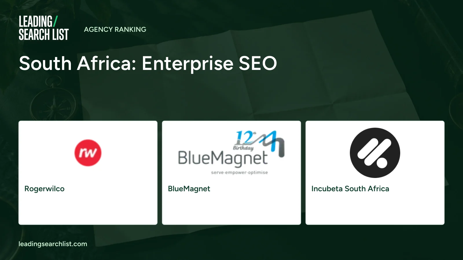 South Africa: Enterprise SEO. Logos shown: Rogerwilco, BlueMagnet, Incubeta South Africa. Leading Search List.