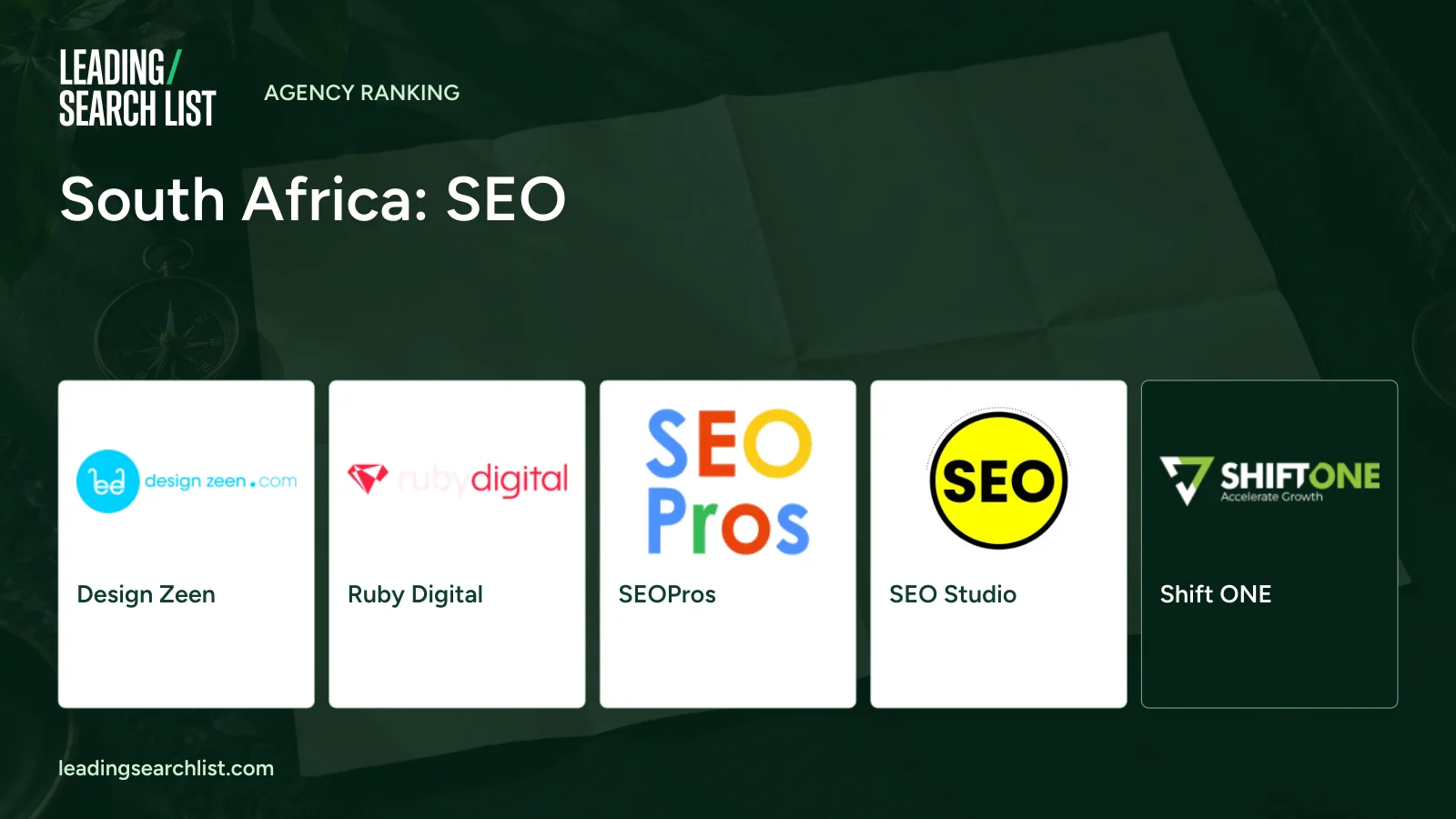 South Africa: SEO. Logos shown: Design Zeen, Ruby Digital, SEOPros, SEO Studio, Shift ONE. Leading Search List.