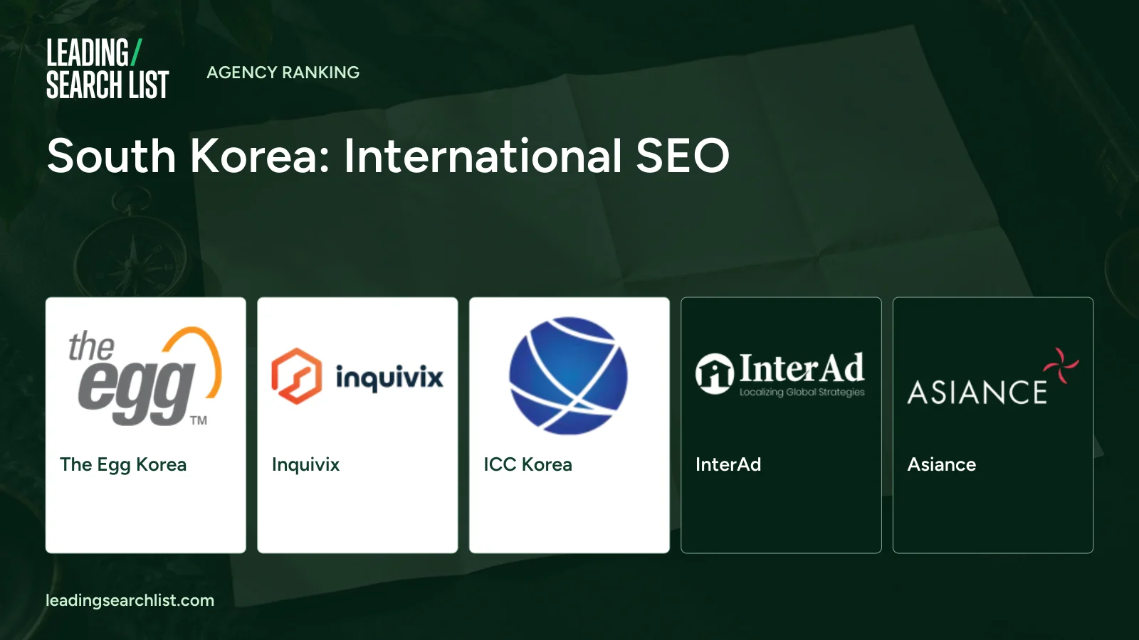 South Korea: International SEO. Logos shown: The Egg Korea, Inquivix, ICC Korea, InterAd, Asiance. Leading Search List.