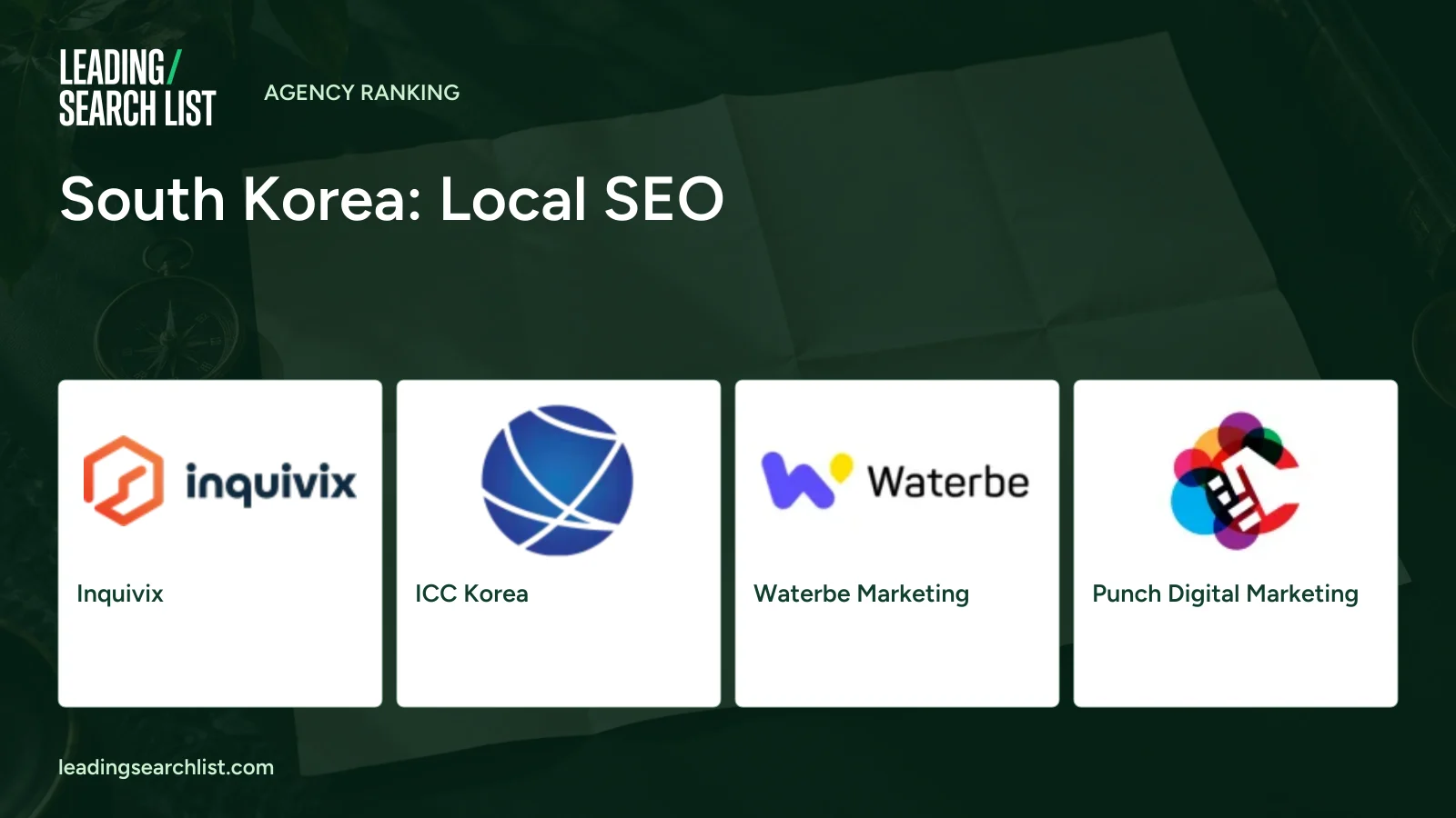 South Korea: Local SEO. Logos shown: Inquivix, ICC Korea, Waterbe Marketing, Punch Digital Marketing. Leading Search List.