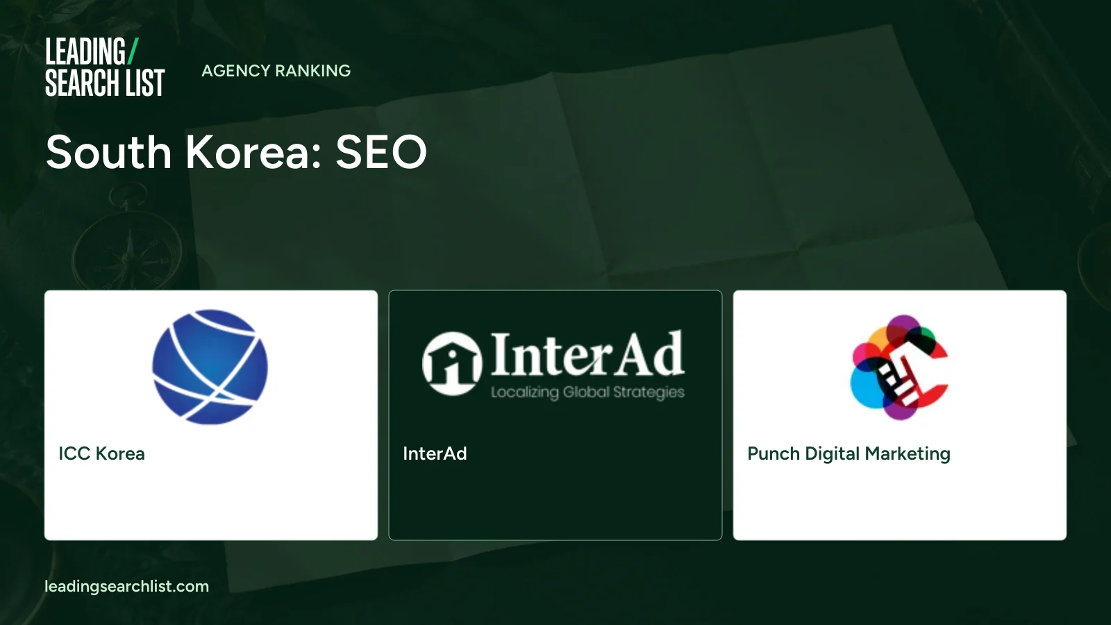 South Korea: SEO. Logos shown: ICC Korea, InterAd, Punch Digital Marketing. Leading Search List.