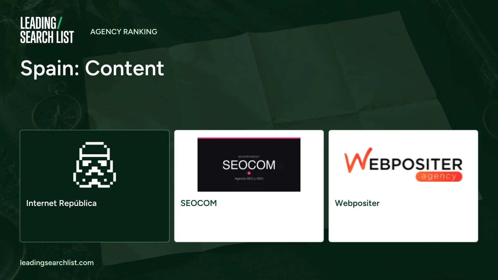 Spain: Content. Logos shown: Internet República, SEOCOM, Webpositer. Leading Search List.