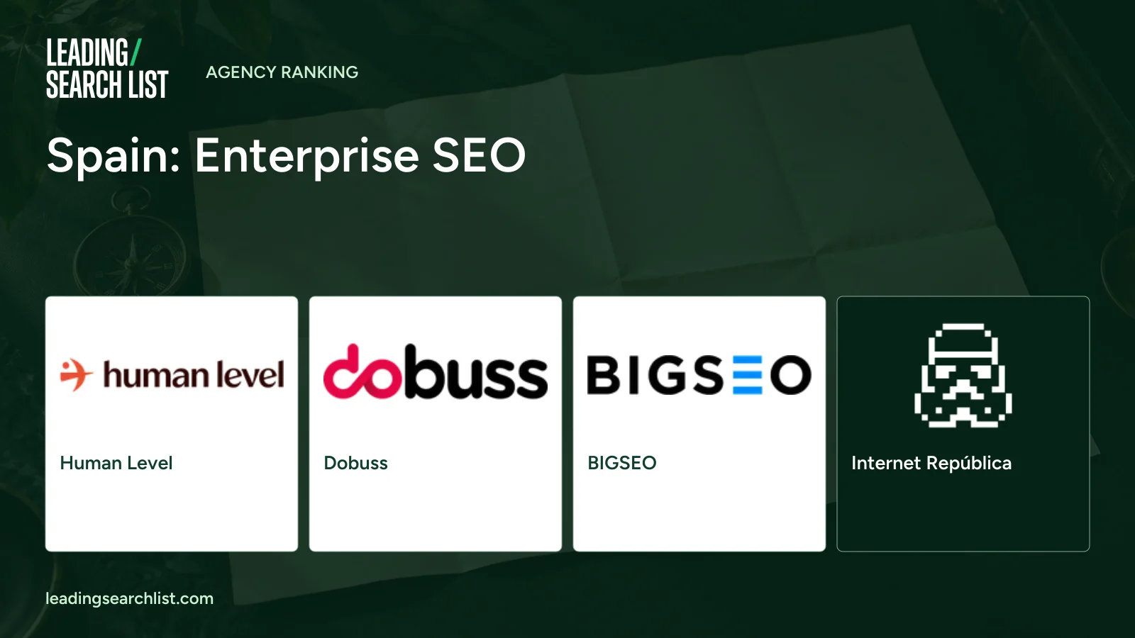 Spain: Enterprise SEO. Logos shown: Human Level, Dobuss, BIGSEO, Internet República. Leading Search List.