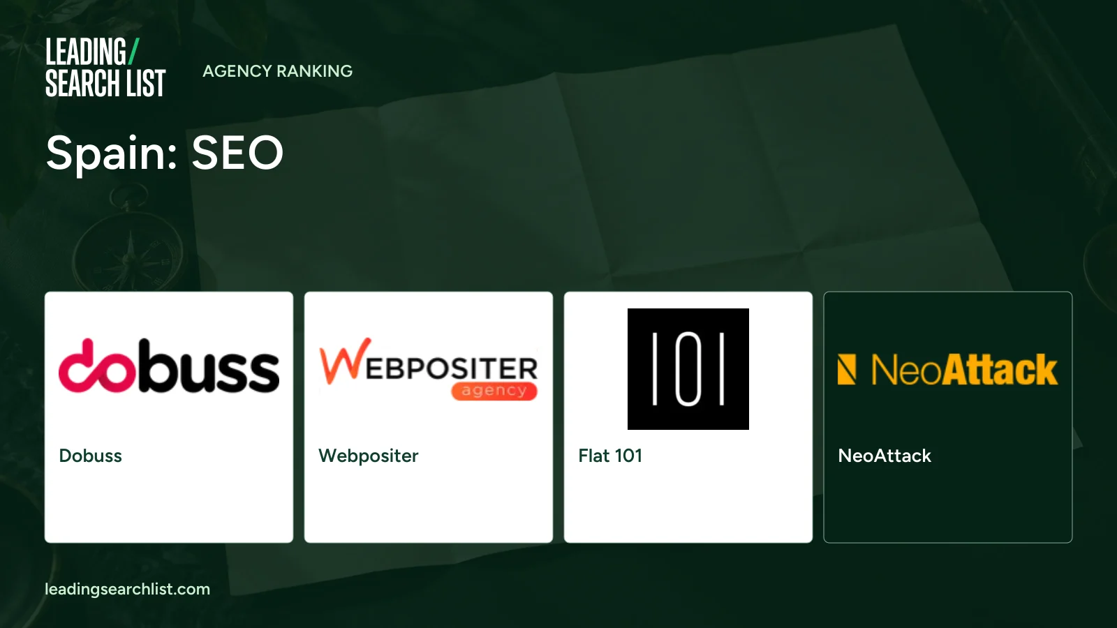Spain: SEO. Logos shown: Dobuss, Webpositer, Flat 101, NeoAttack. Leading Search List.