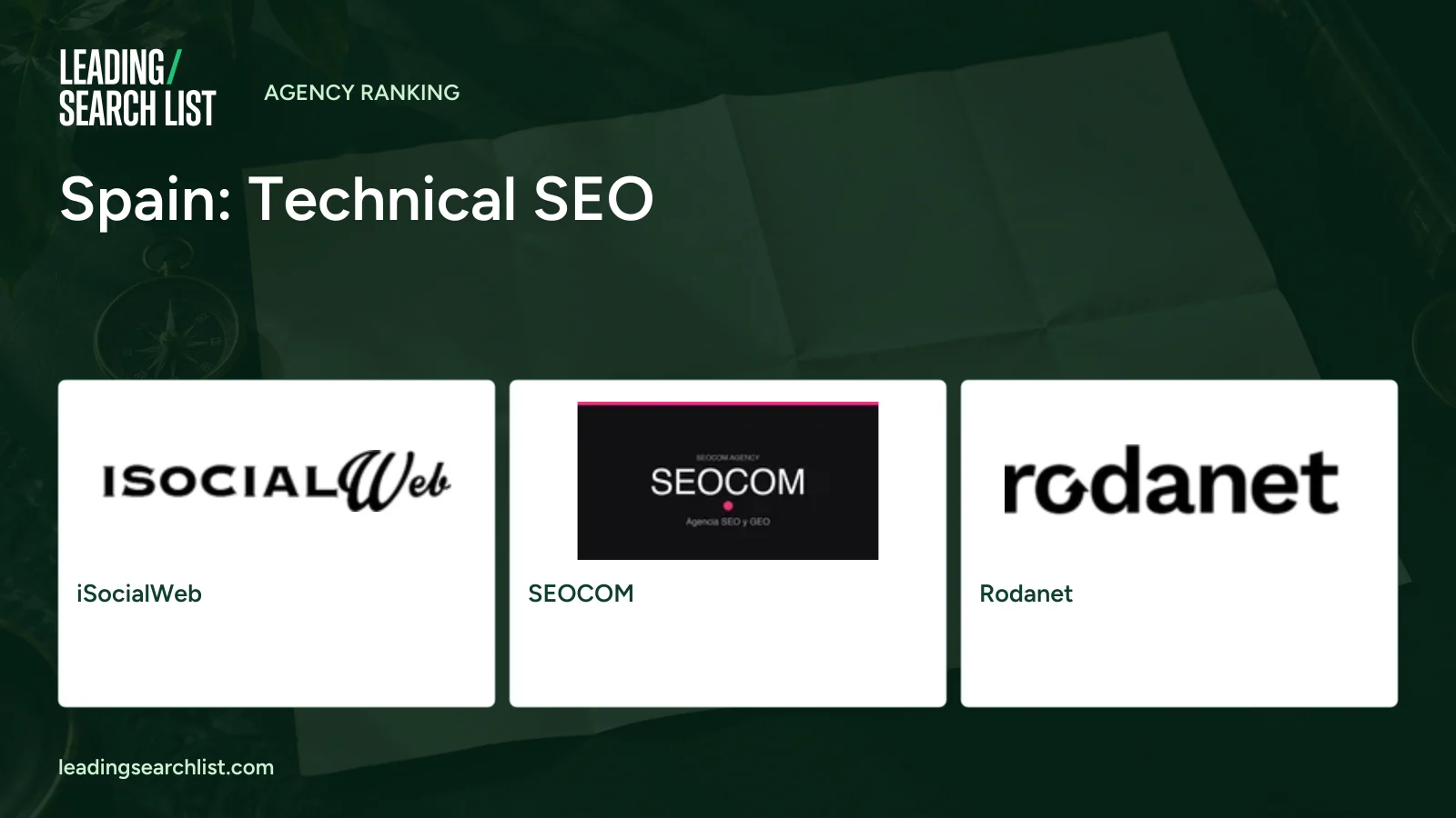 Spain: Technical SEO. Logos shown: iSocialWeb, SEOCOM, Rodanet. Leading Search List.