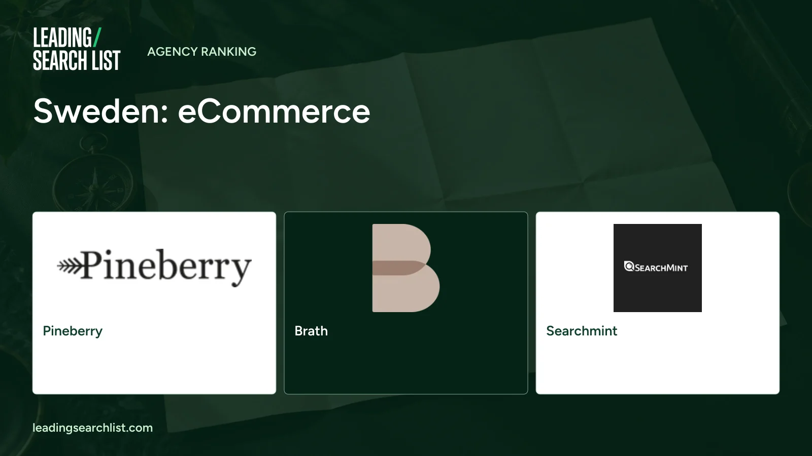 Sweden: eCommerce. Logos shown: Pineberry, Brath, Searchmint. Leading Search List.