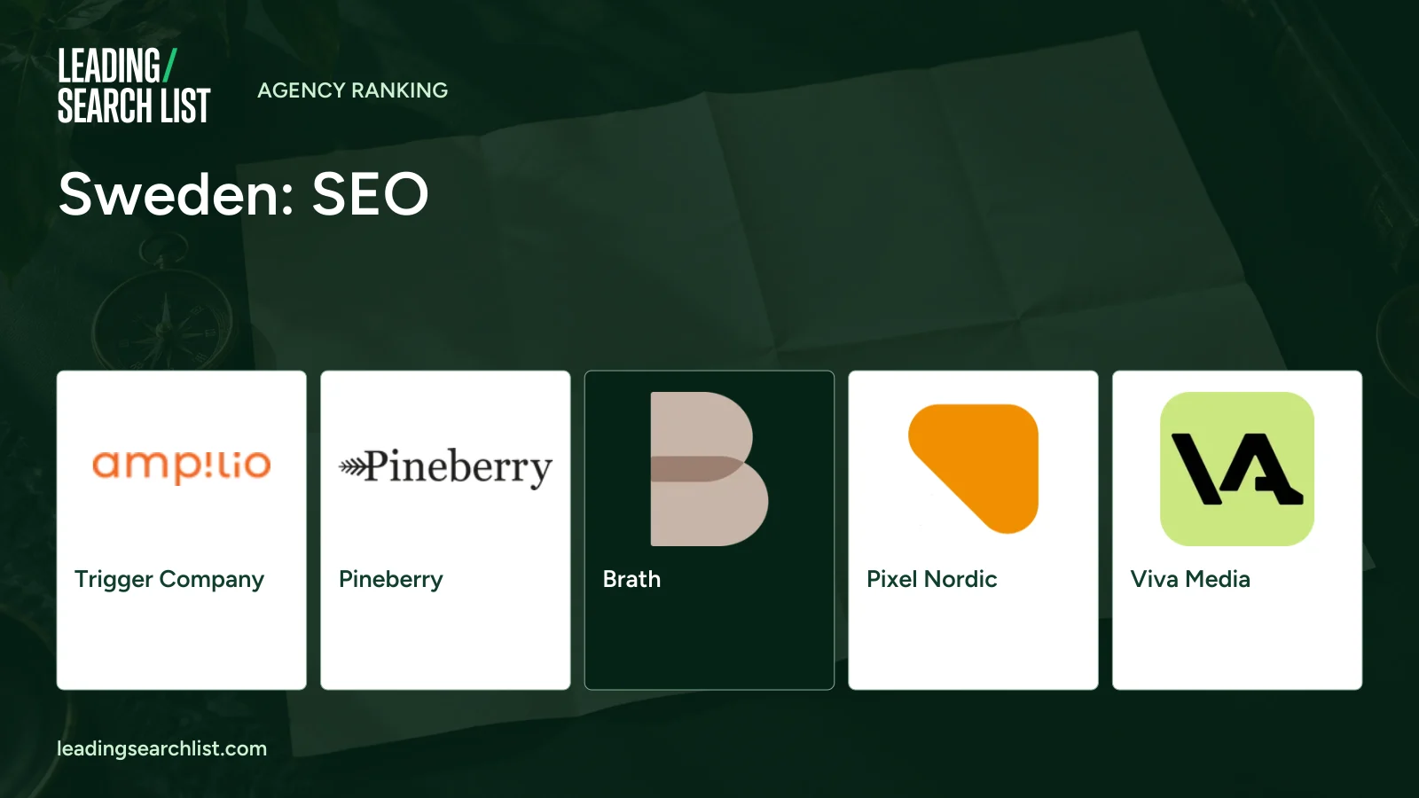 Sweden: SEO. Logos shown: Trigger Company, Pineberry, Brath, Pixel Nordic, Viva Media. Leading Search List.