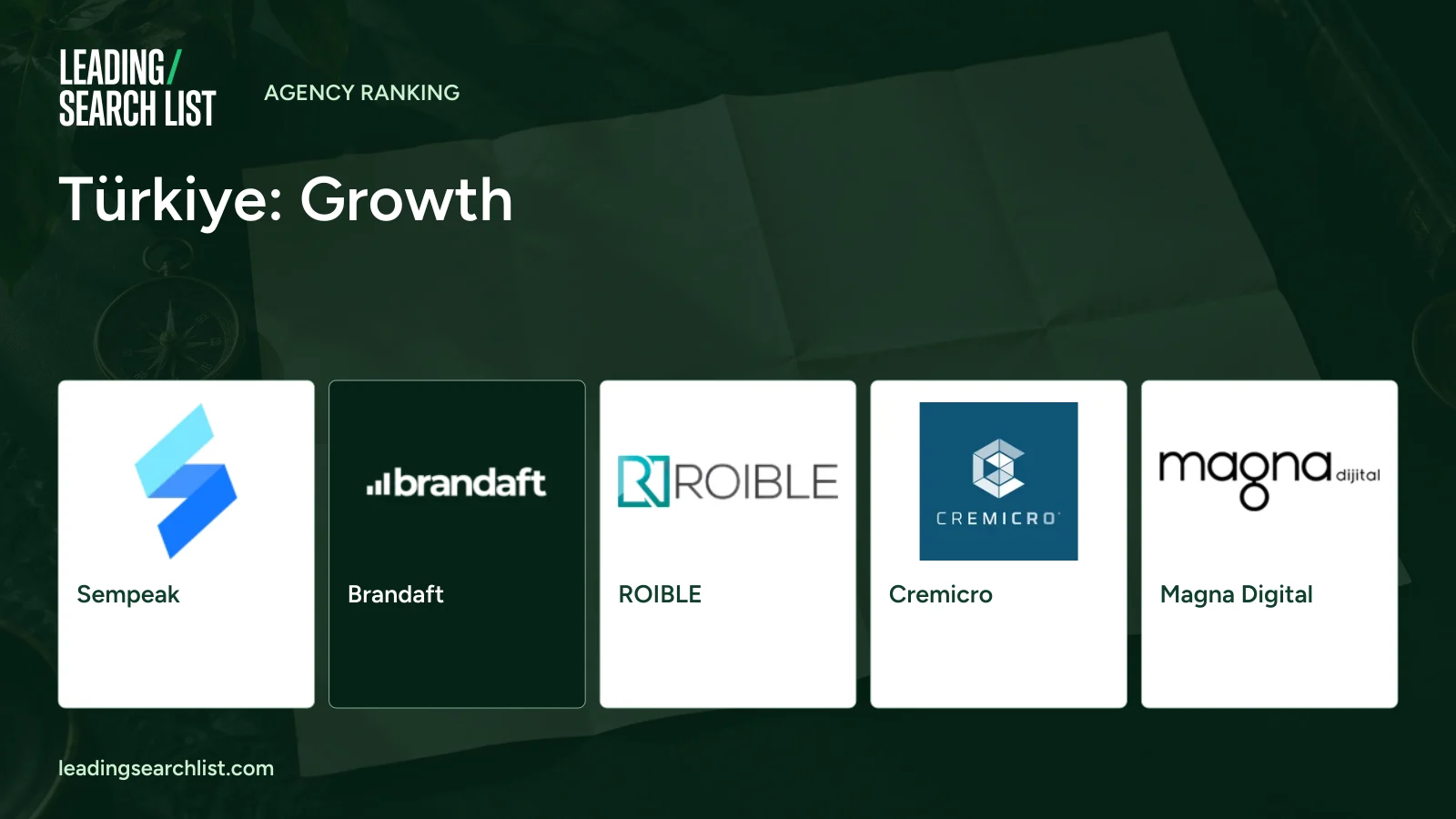 Türkiye: Growth. Logos shown: Sempeak, Brandaft, ROIBLE, Cremicro, Magna Digital. Leading Search List.