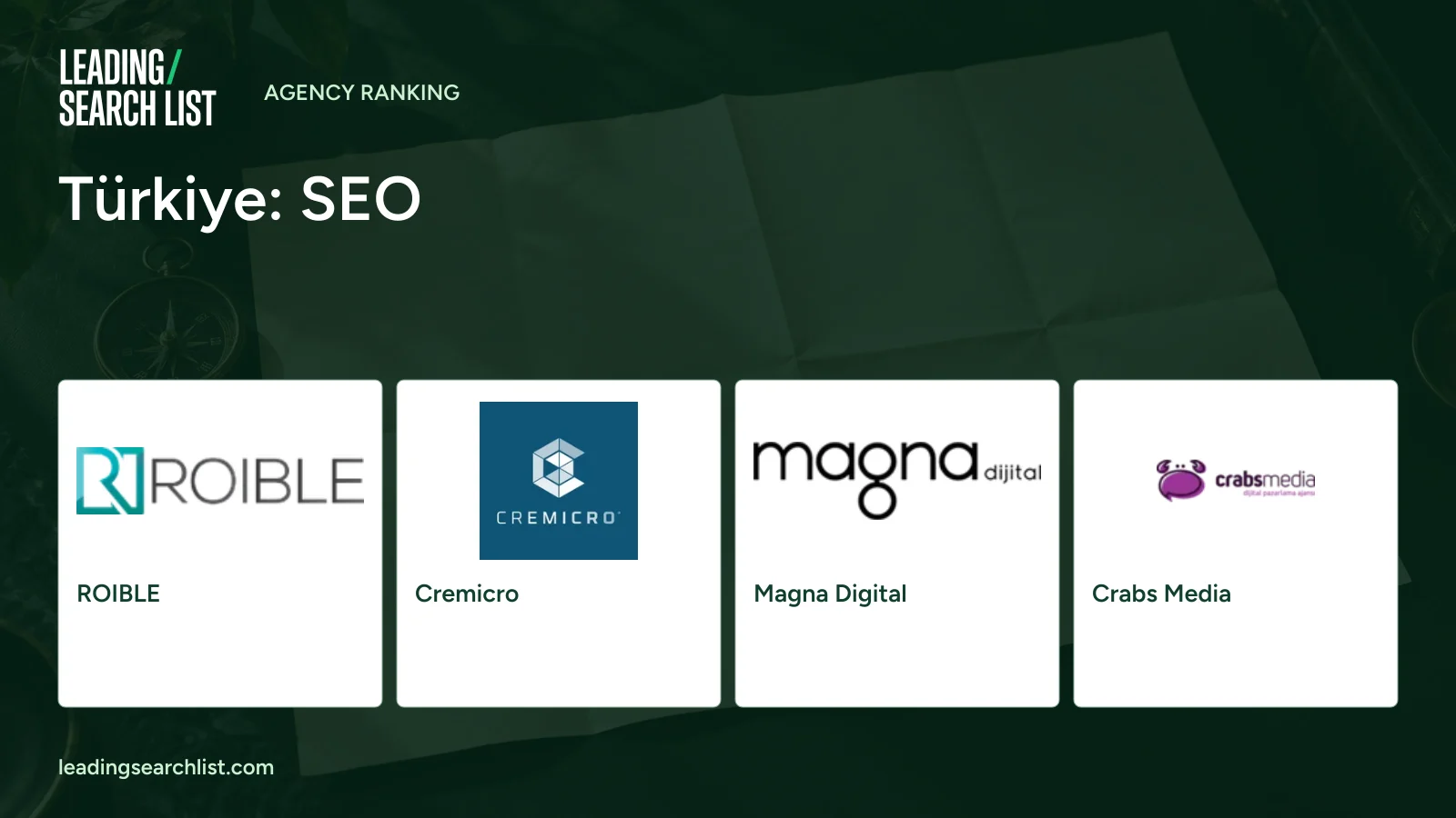 Türkiye: SEO. Logos shown: ROIBLE, Cremicro, Magna Digital, Crabs Media. Leading Search List.
