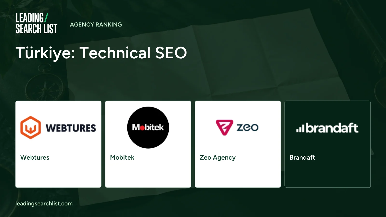 Türkiye: Technical SEO. Logos shown: Webtures, Mobitek, Zeo Agency, Brandaft. Leading Search List.