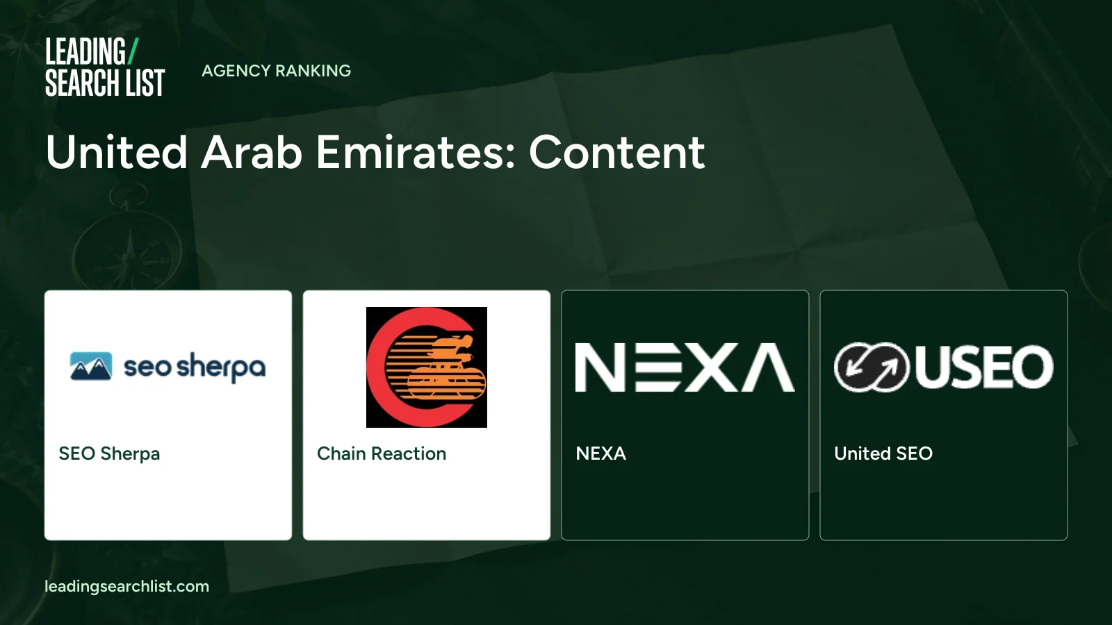 United Arab Emirates: Content. Logos shown: SEO Sherpa, Chain Reaction, NEXA, United SEO. Leading Search List.