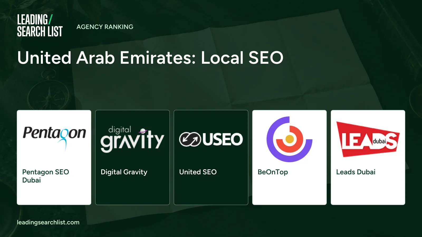 United Arab Emirates: Local SEO. Logos shown: Pentagon SEO Dubai, Digital Gravity, United SEO, BeOnTop, Leads Dubai. Leading Search List.