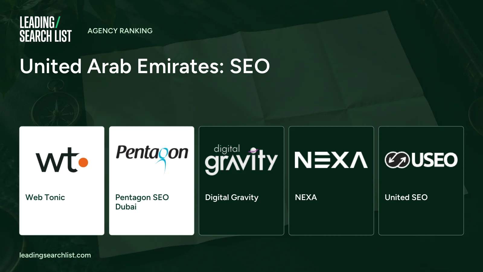 United Arab Emirates: SEO. Logos shown: Web Tonic, Pentagon SEO Dubai, Digital Gravity, NEXA, United SEO. Leading Search List.