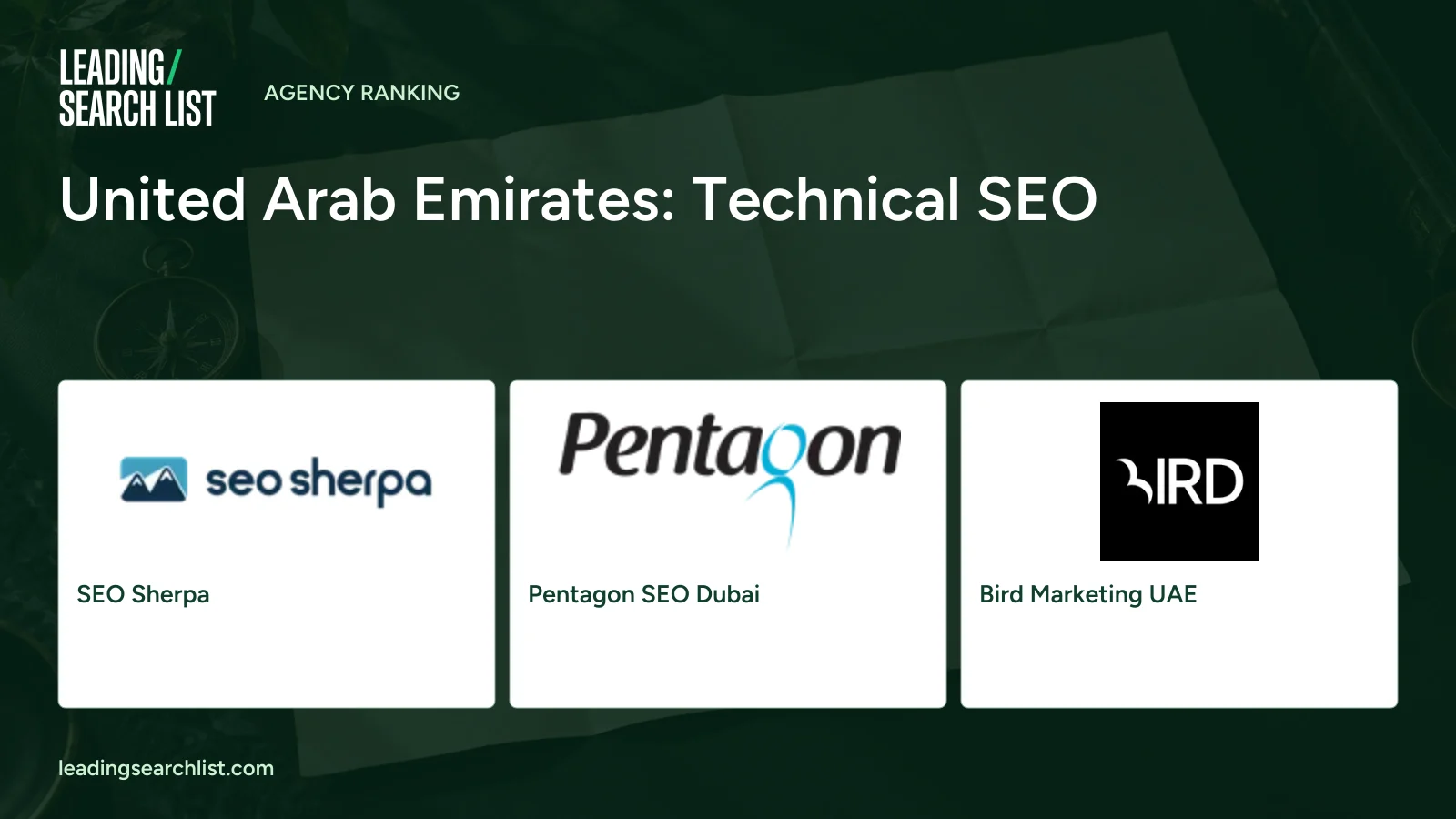 United Arab Emirates: Technical SEO. Logos shown: SEO Sherpa, Pentagon SEO Dubai, Bird Marketing UAE. Leading Search List.
