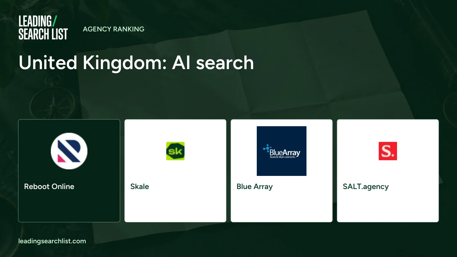 United Kingdom: AI search. Logos shown: Reboot Online, Skale, Blue Array, SALT.agency. Leading Search List.