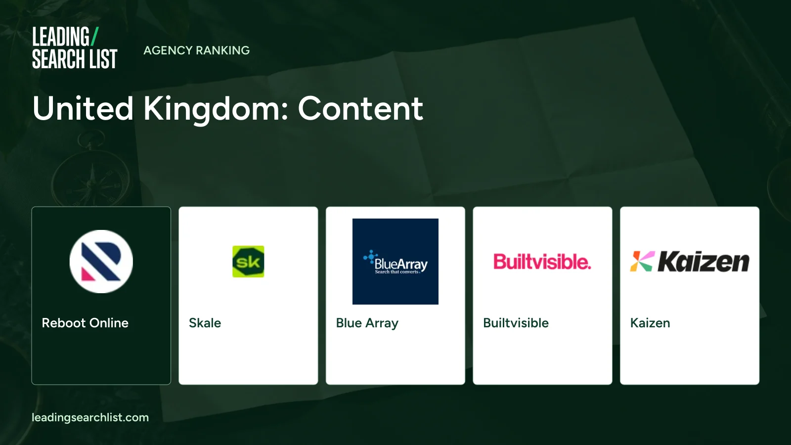 United Kingdom: Content. Logos shown: Reboot Online, Skale, Blue Array, Builtvisible, Kaizen. Leading Search List.