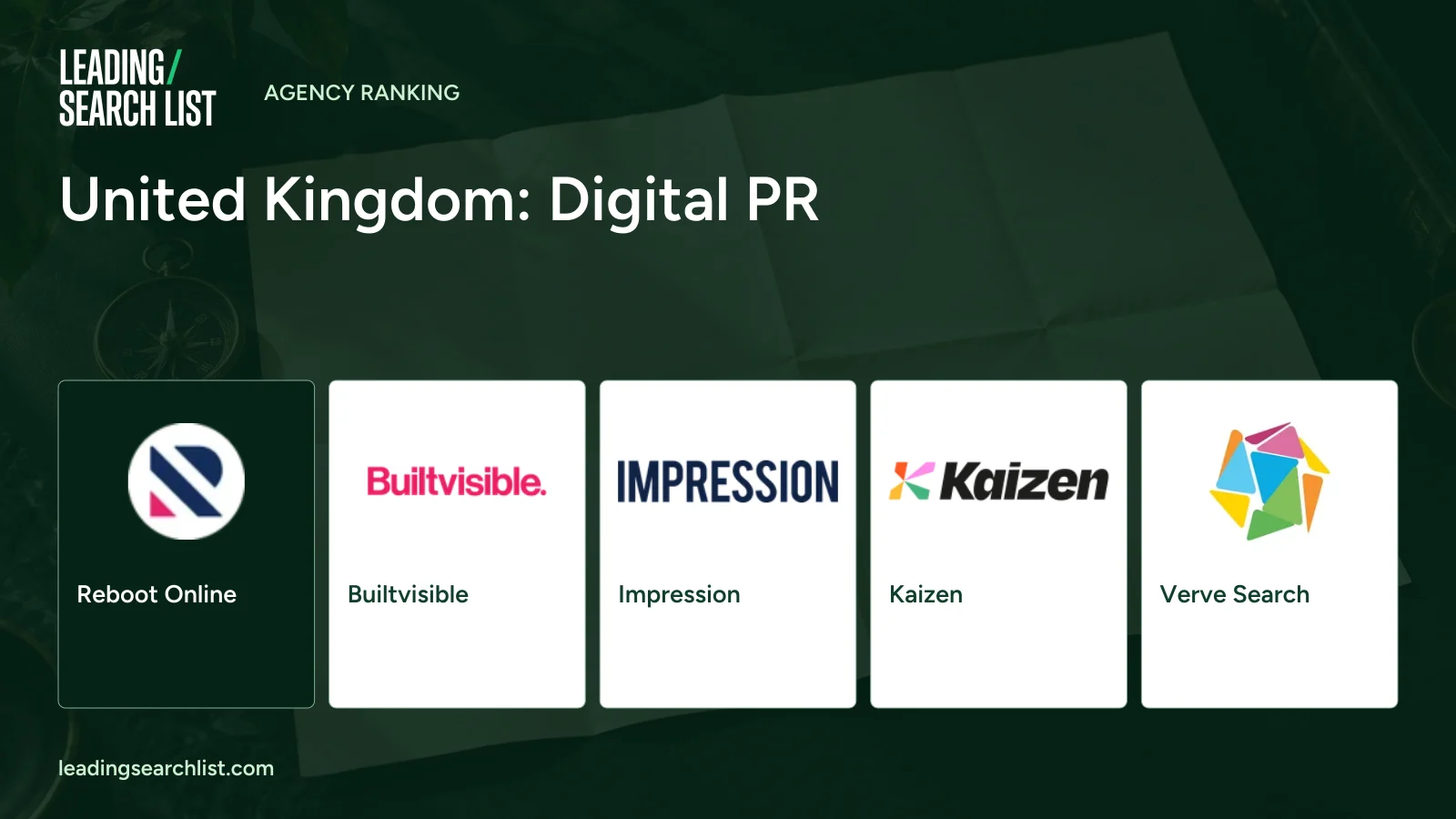 United Kingdom: Digital PR. Logos shown: Reboot Online, Builtvisible, Impression, Kaizen, Verve Search. Leading Search List.