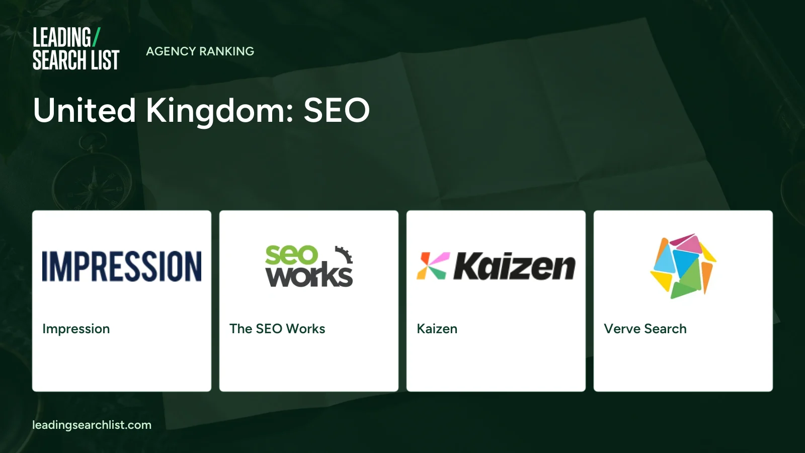 United Kingdom: SEO. Logos shown: Impression, The SEO Works, Kaizen, Verve Search. Leading Search List.