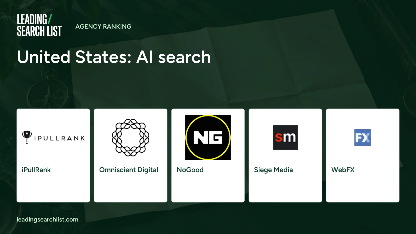 United States: AI search. Logos shown: iPullRank, Omniscient Digital, NoGood, Siege Media, WebFX. Leading Search List.