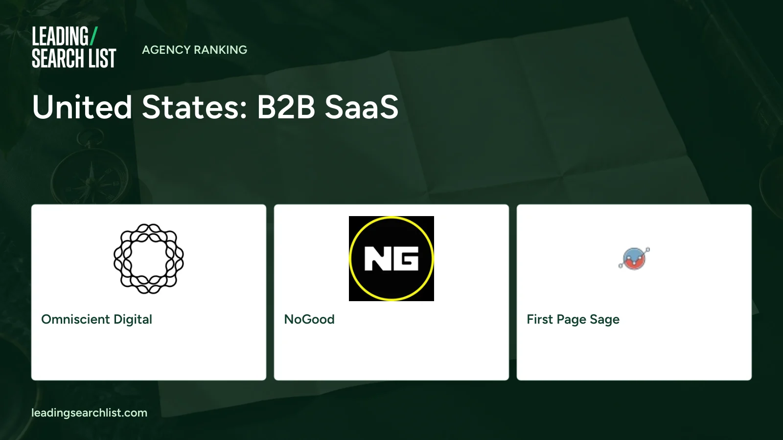 United States: B2B SaaS. Logos shown: Omniscient Digital, NoGood, First Page Sage. Leading Search List.