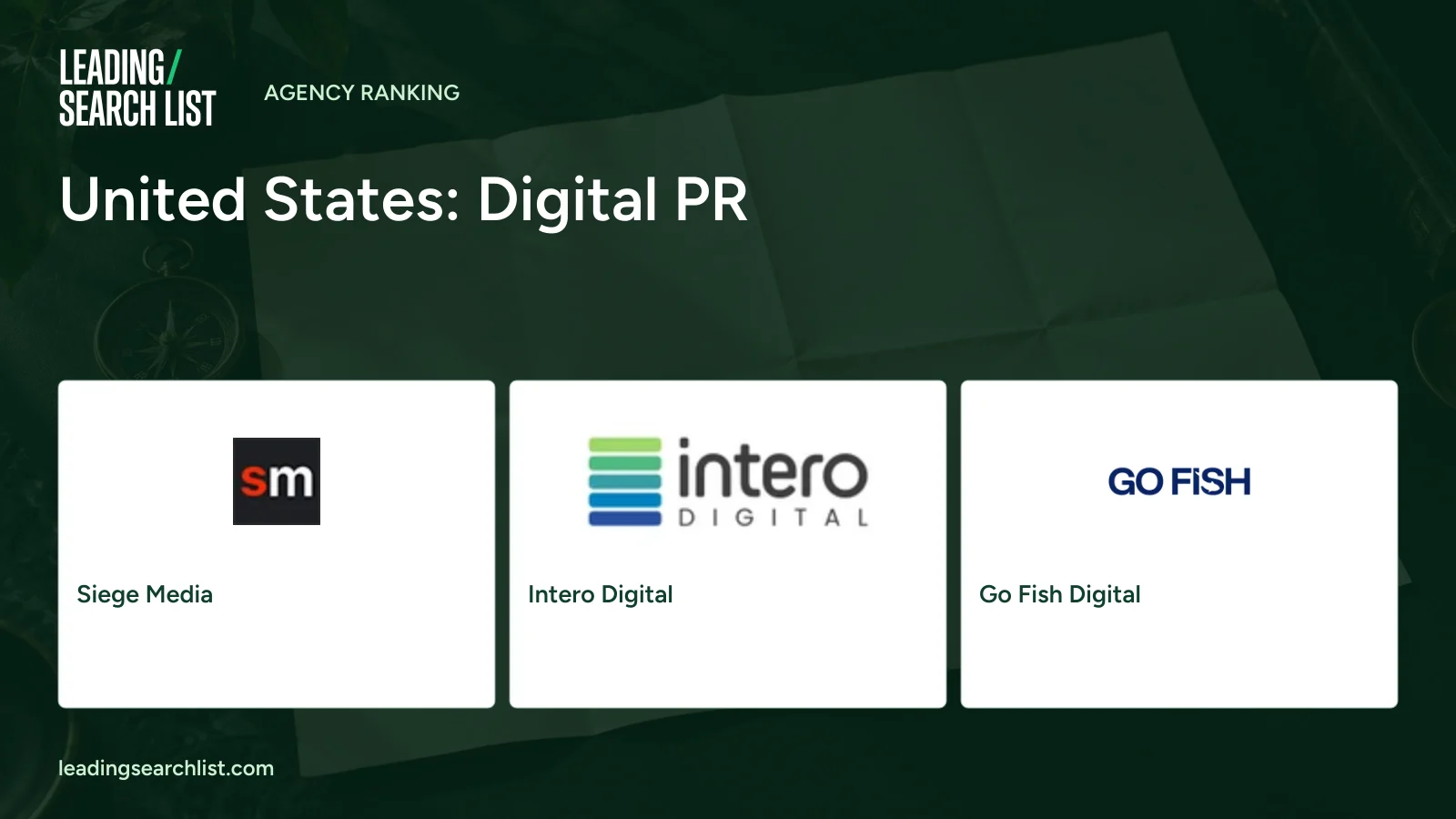 United States: Digital PR. Logos shown: Siege Media, Intero Digital, Go Fish Digital. Leading Search List.
