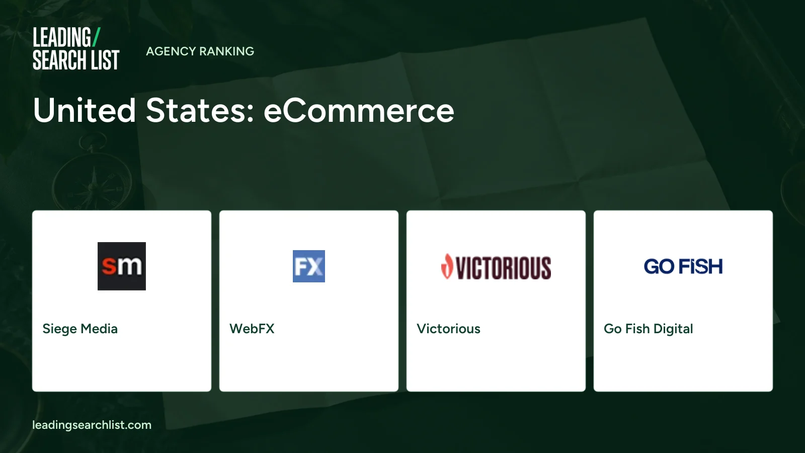 United States: eCommerce. Logos shown: Siege Media, WebFX, Victorious, Go Fish Digital. Leading Search List.