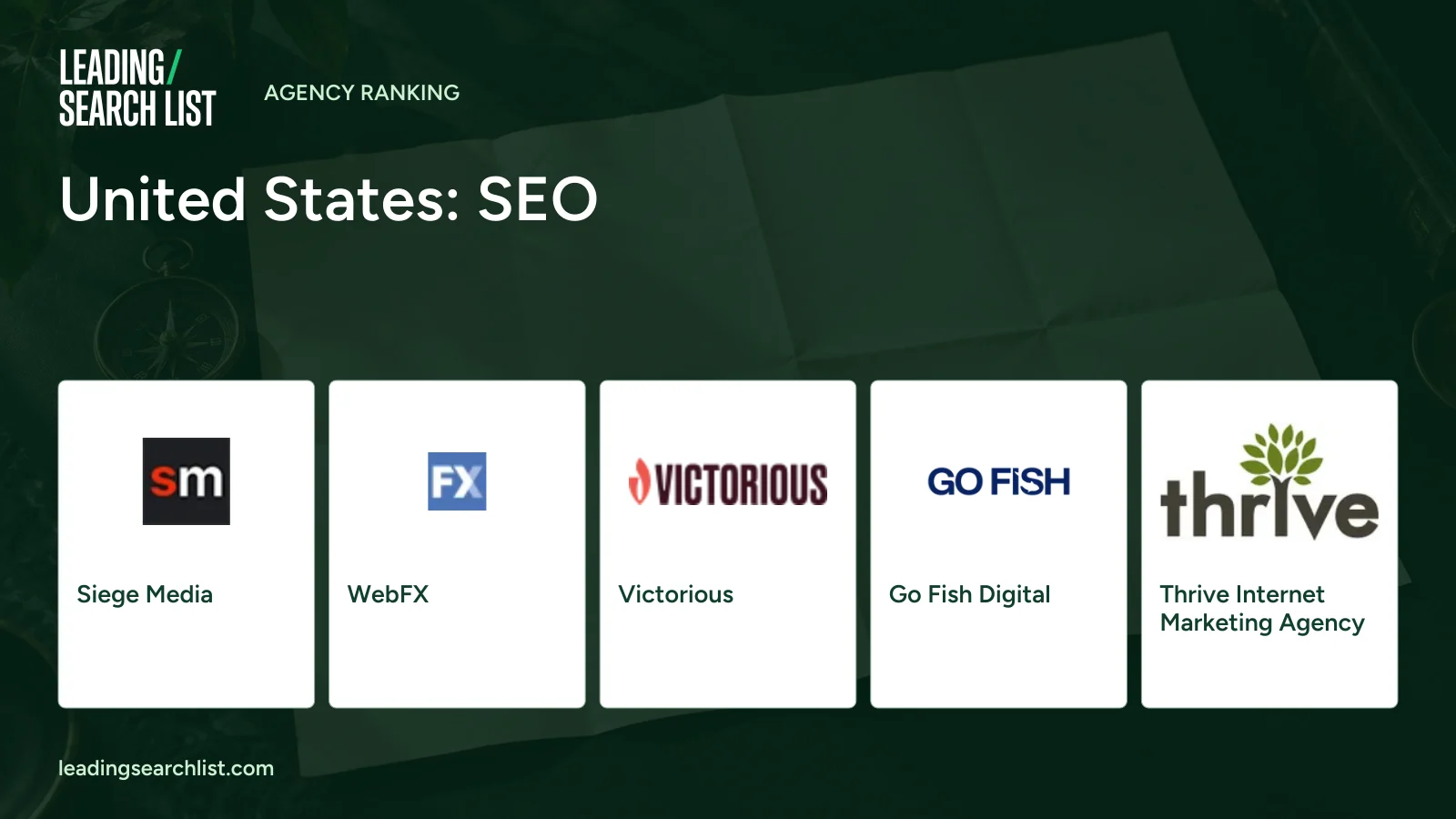 United States: SEO. Logos shown: Siege Media, WebFX, Victorious, Go Fish Digital, Thrive Internet Marketing Agency. Leading Search List.