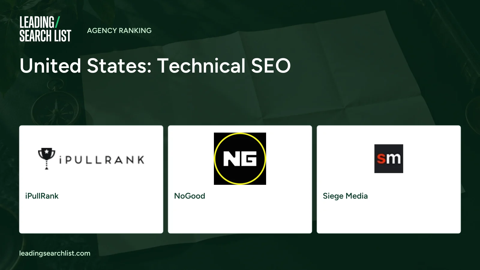 United States: Technical SEO. Logos shown: iPullRank, NoGood, Siege Media. Leading Search List.