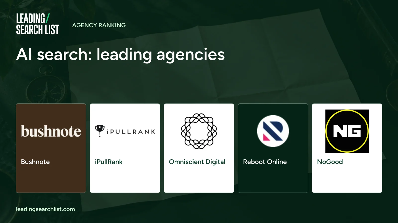 AI search: leading agencies. Logos shown: Bushnote, iPullRank, Omniscient Digital, Reboot Online, NoGood. Leading Search List.
