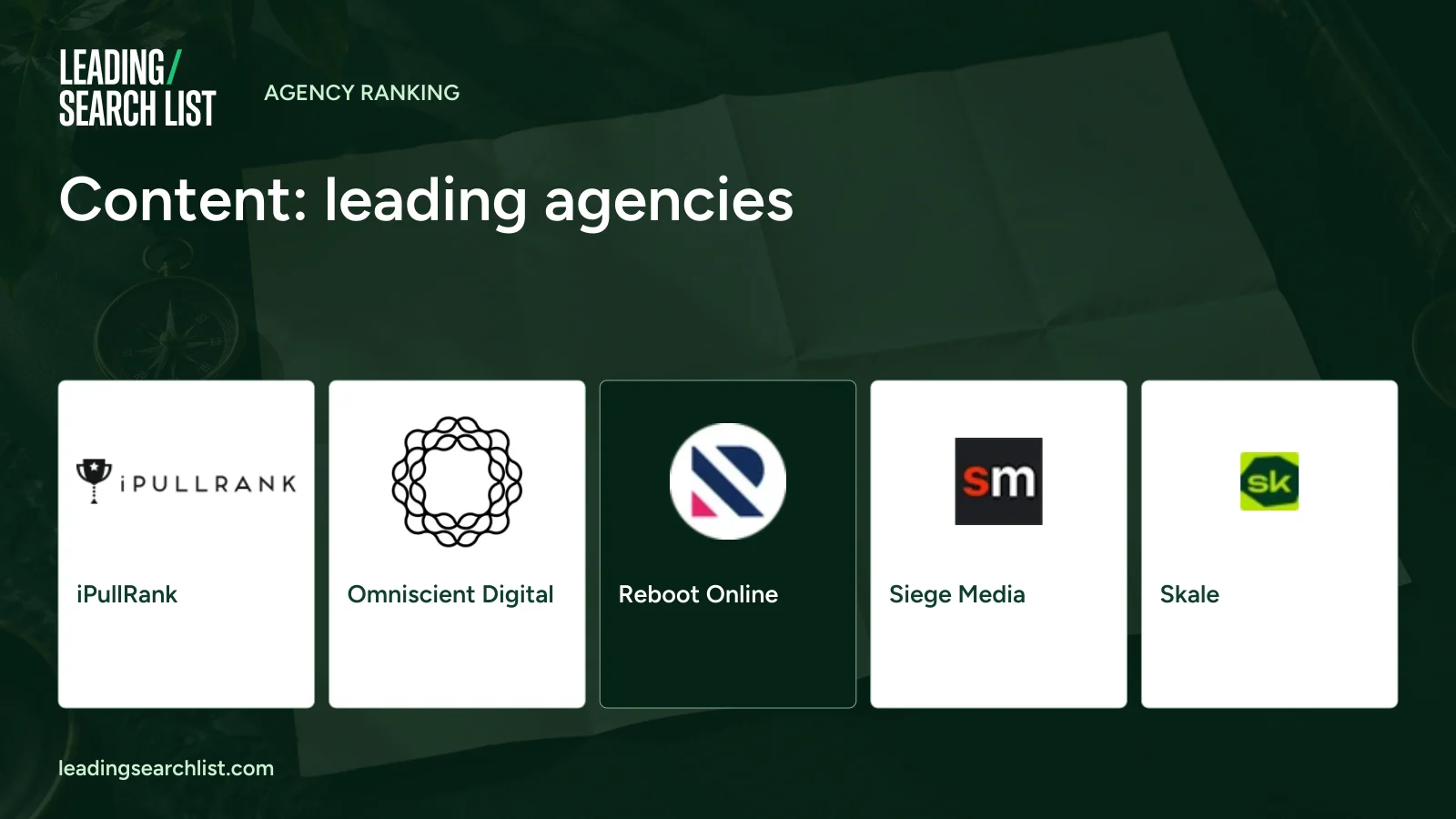 Content: leading agencies. Logos shown: iPullRank, Omniscient Digital, Reboot Online, Siege Media, Skale. Leading Search List.