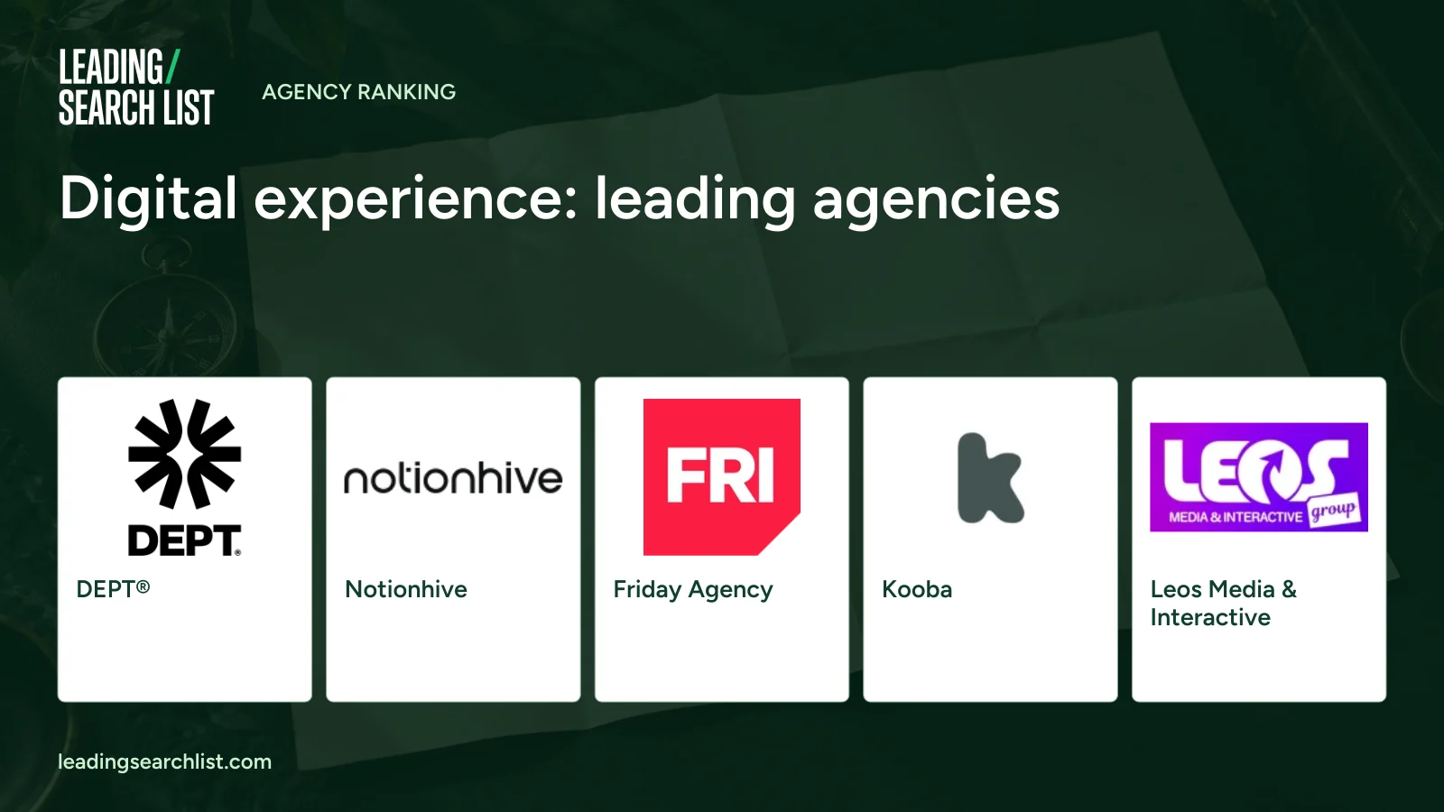 Digital experience: leading agencies. Logos shown: DEPT®, Notionhive, Friday Agency, Kooba, Leos Media & Interactive. Leading Search List.