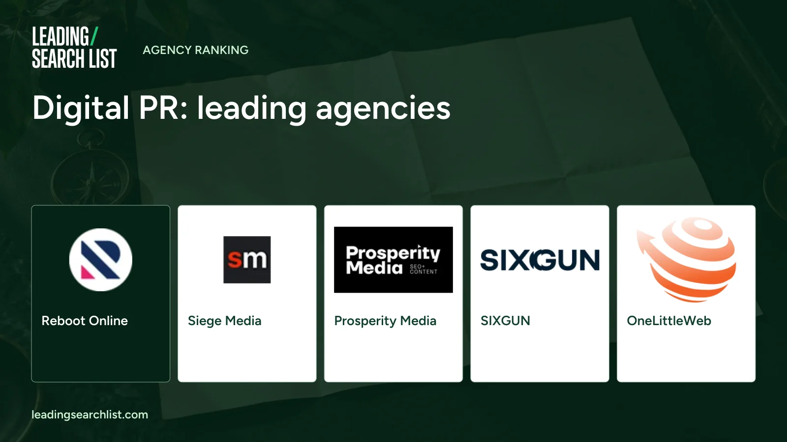Digital PR: leading agencies. Logos shown: Reboot Online, Siege Media, Prosperity Media, SIXGUN, OneLittleWeb. Leading Search List.