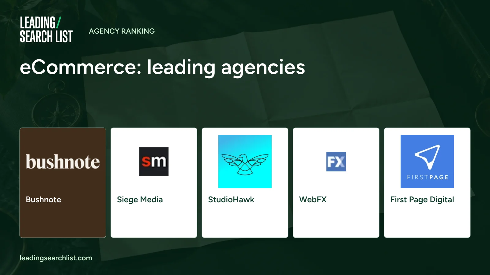 eCommerce: leading agencies. Logos shown: Bushnote, Siege Media, StudioHawk, WebFX, First Page Digital. Leading Search List.