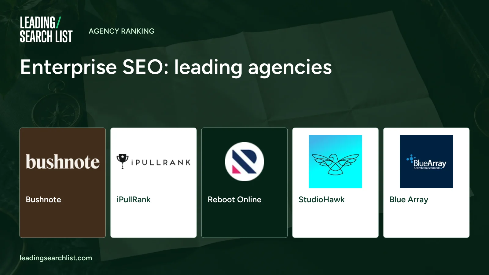 Enterprise SEO: leading agencies. Logos shown: Bushnote, iPullRank, Reboot Online, StudioHawk, Blue Array. Leading Search List.