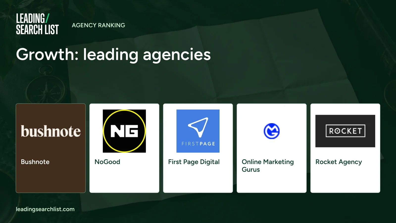 Growth: leading agencies. Logos shown: Bushnote, NoGood, First Page Digital, Online Marketing Gurus, Rocket Agency. Leading Search List.