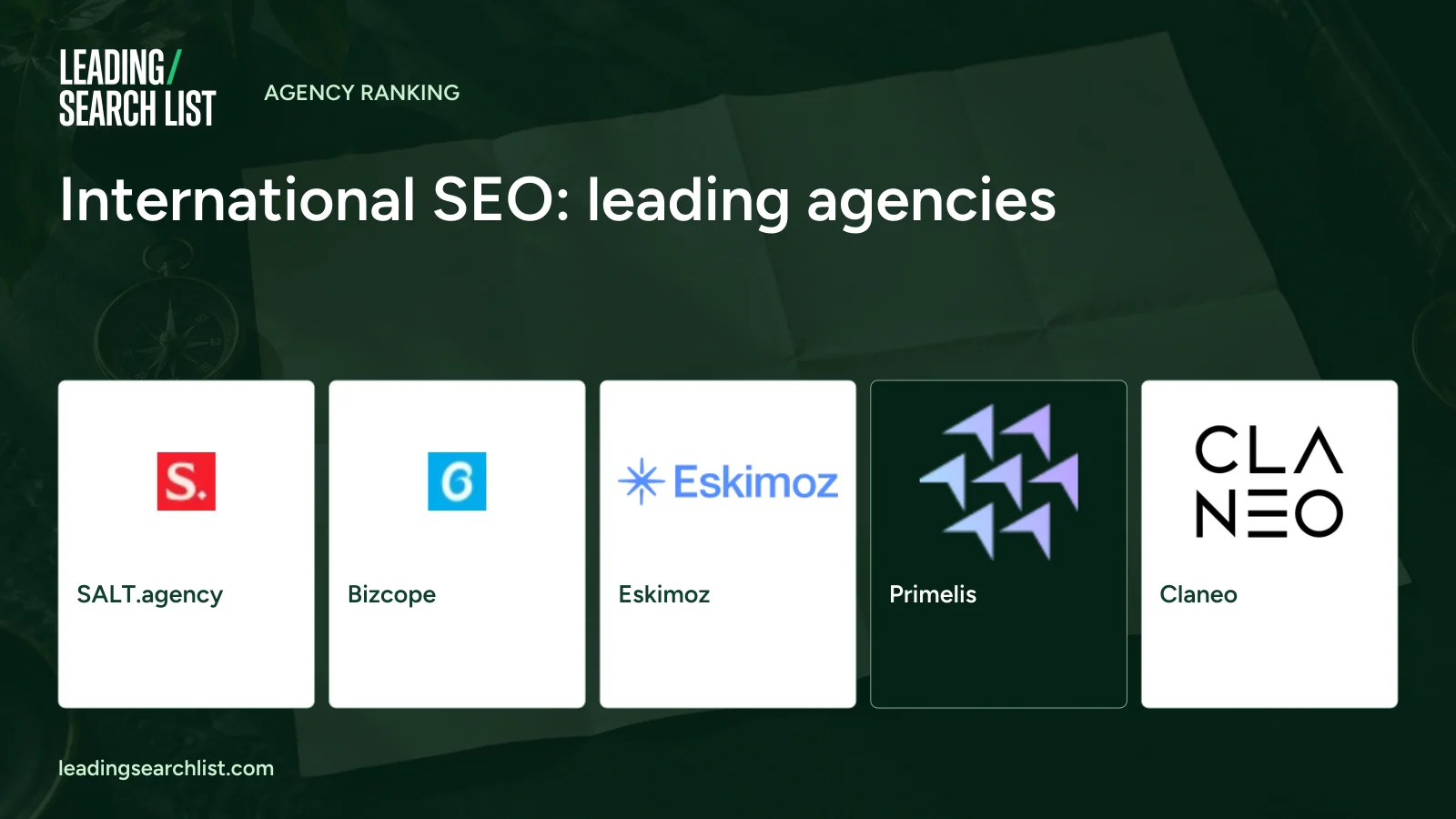 International SEO: leading agencies. Logos shown: SALT.agency, Bizcope, Eskimoz, Primelis, Claneo. Leading Search List.