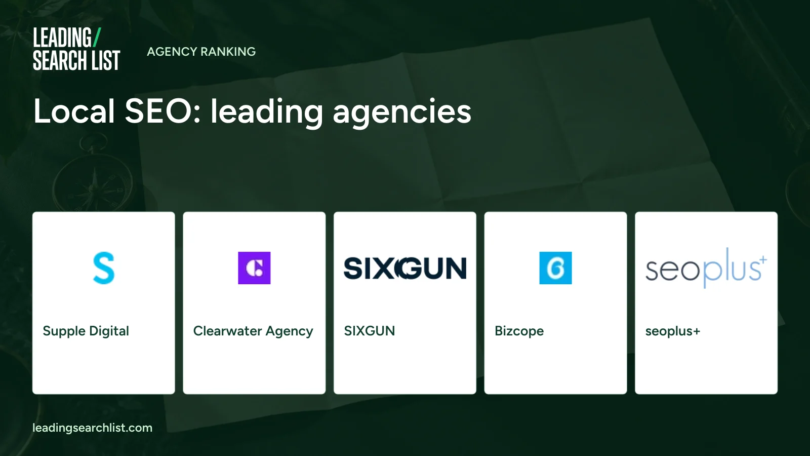 Local SEO: leading agencies. Logos shown: Supple Digital, Clearwater Agency, SIXGUN, Bizcope, seoplus+. Leading Search List.